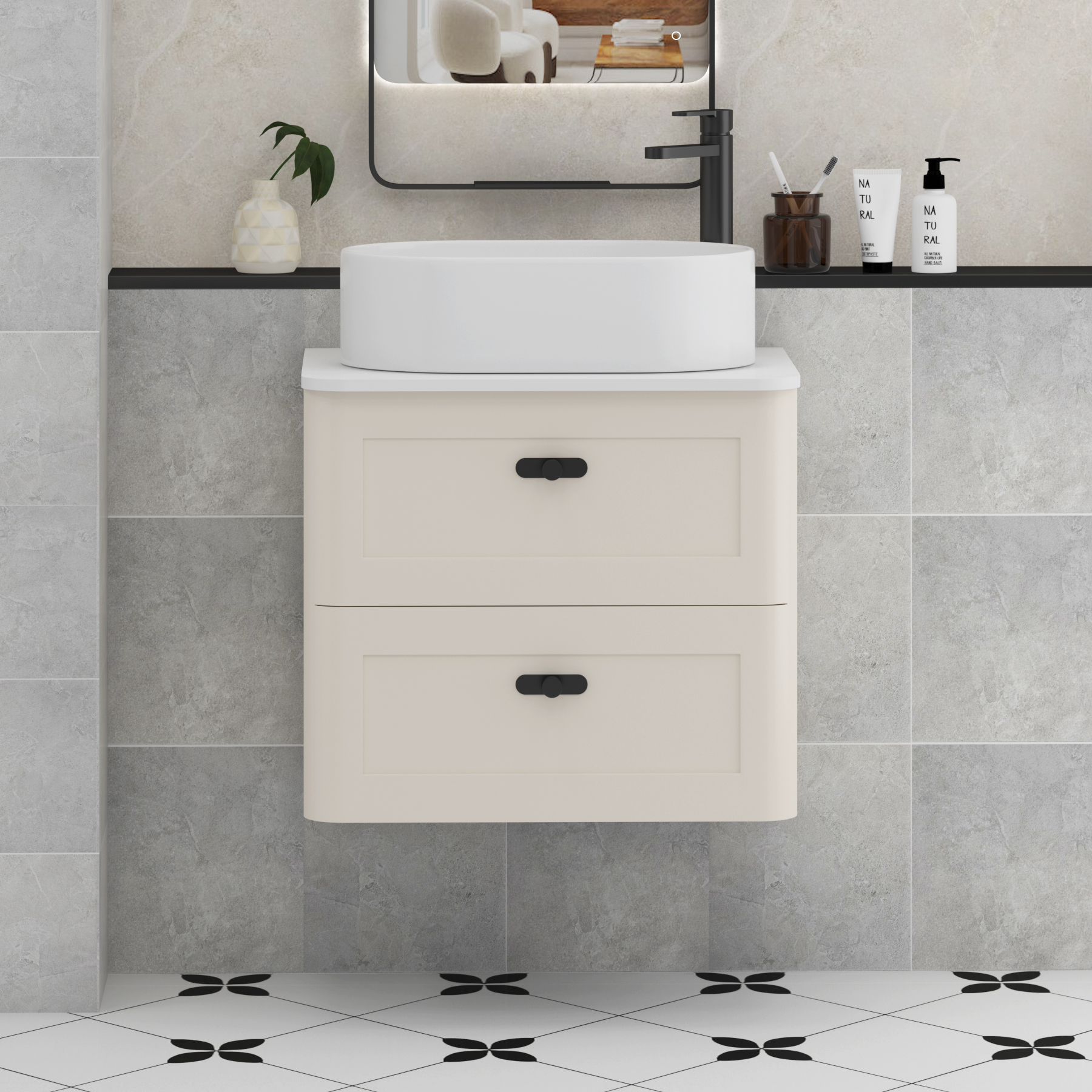 Henley Mushroom Cashmere Wall Hung Vanity Unit 2 Drawer with Plain White Worktop & Various Basins & Knobs