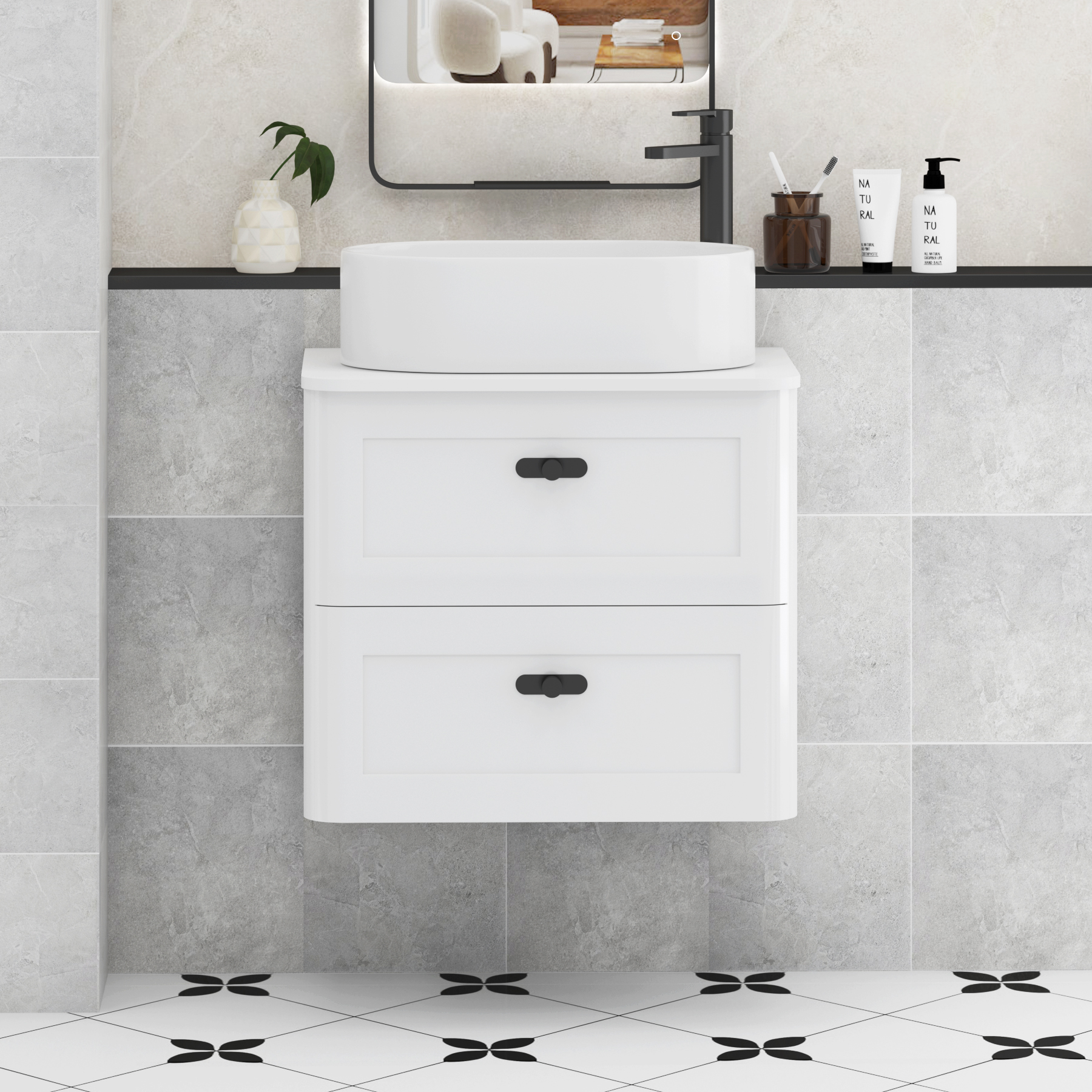 Henley Gloss White Wall Hung Vanity Unit 2 Drawer with Plain White Worktop & Various Basins & Knobs