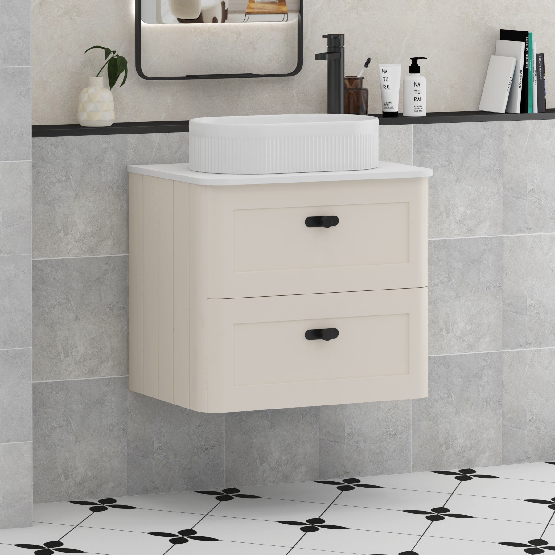 Henley Mushroom Cashmere Wall Hung Vanity Unit 2 Drawer with Plain White Worktop & Various Basins & Knobs