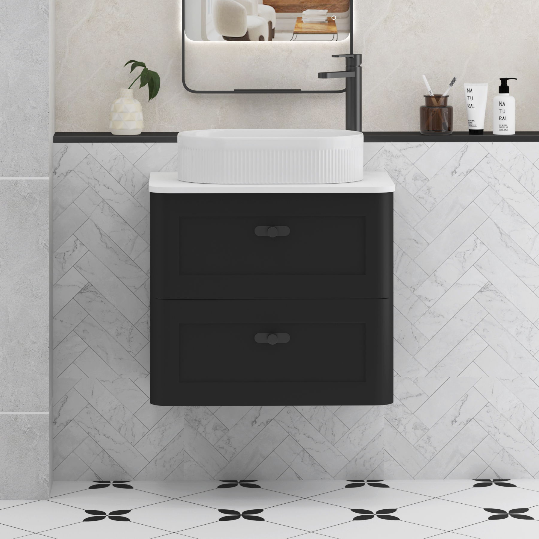 Henley Matt Nocturne Black Wall Hung Vanity Unit 2 Drawer with Plain White Worktop & Various Basins & Knobs
