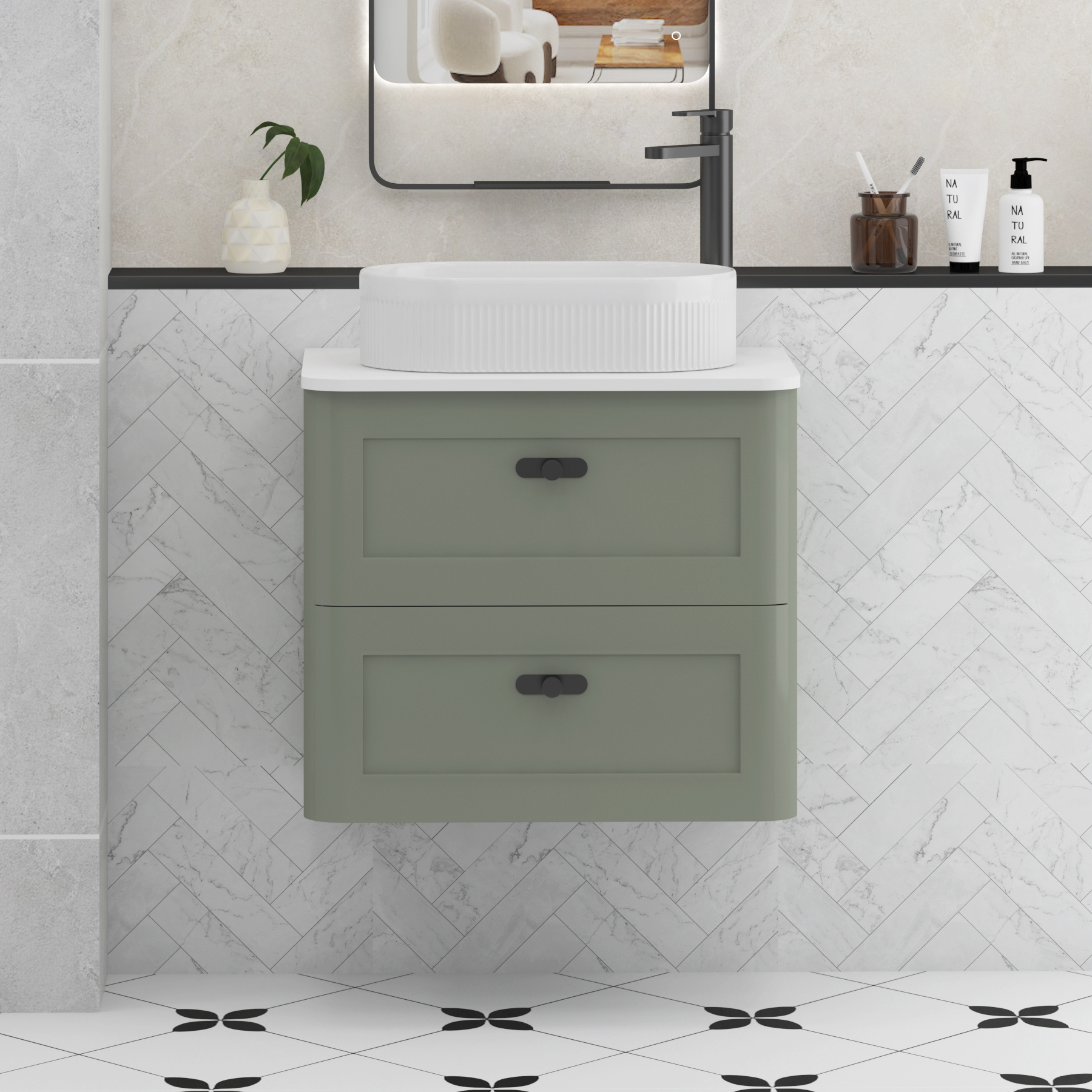 Henley Sage Green Wall Hung Vanity Unit 2 Drawer with Plain White Worktop & Various Basins & Knobs
