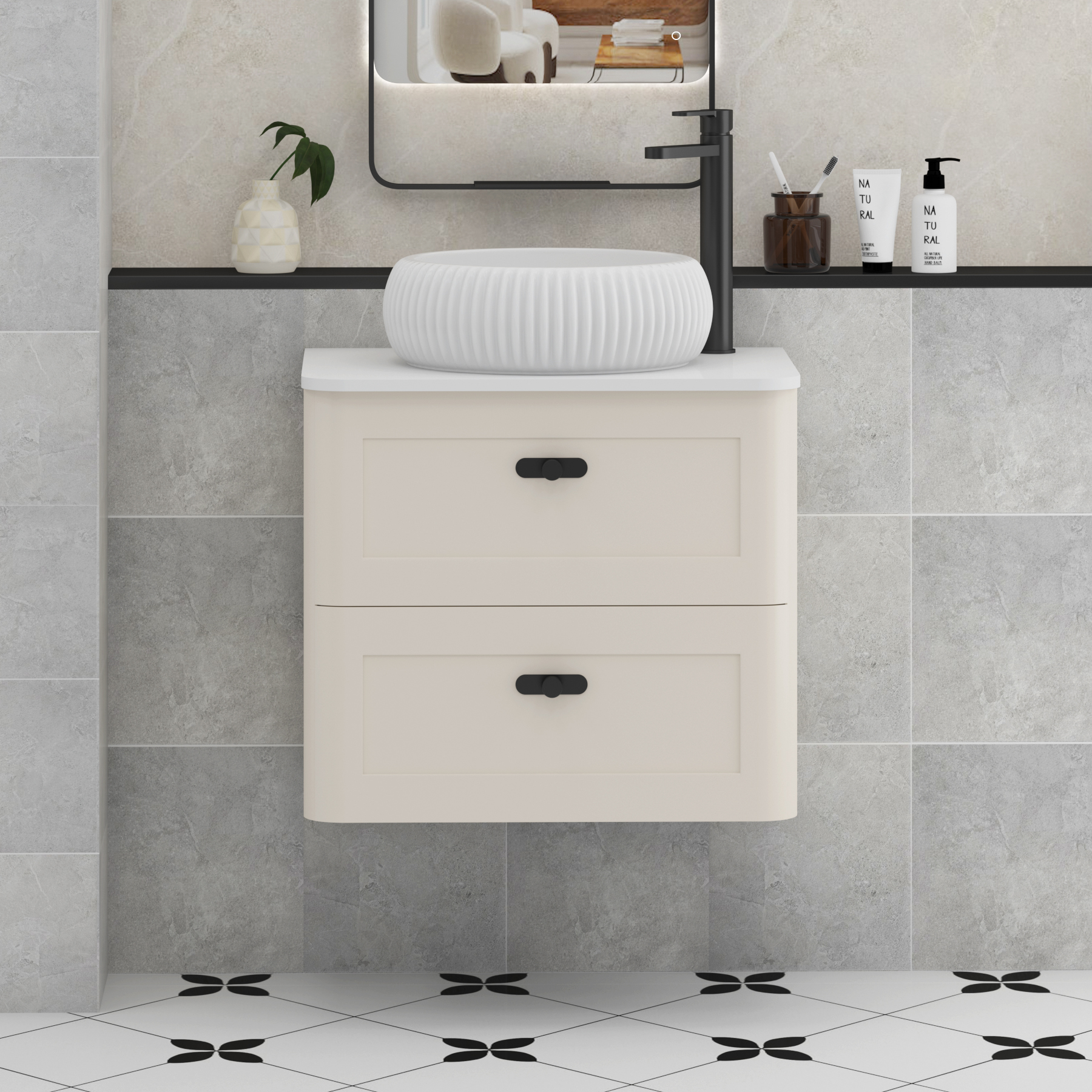 Henley Mushroom Cashmere Wall Hung Vanity Unit 2 Drawer with Plain White Worktop & Various Basins & Knobs