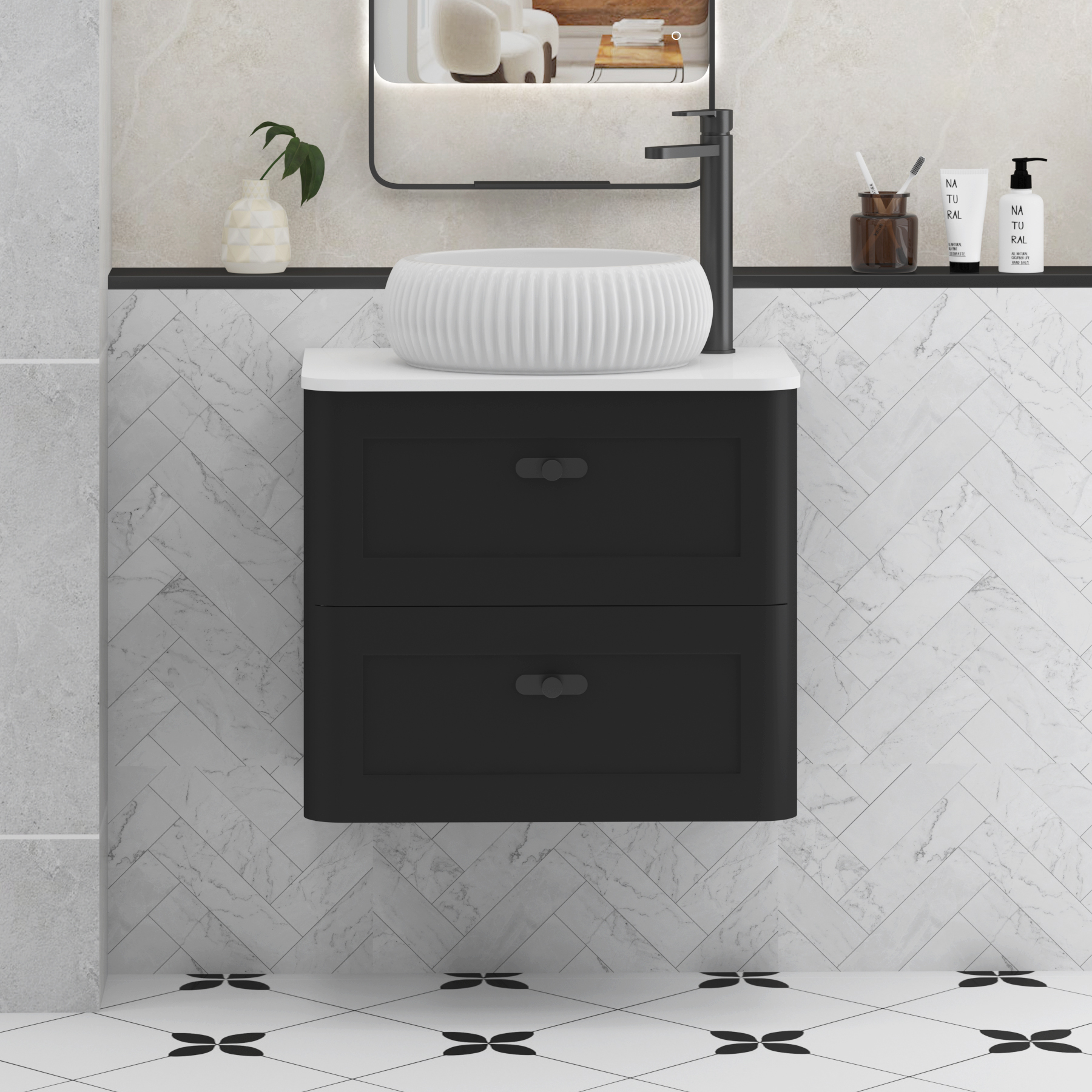 Henley Matt Nocturne Black Wall Hung Vanity Unit 2 Drawer with Plain White Worktop & Various Basins & Knobs