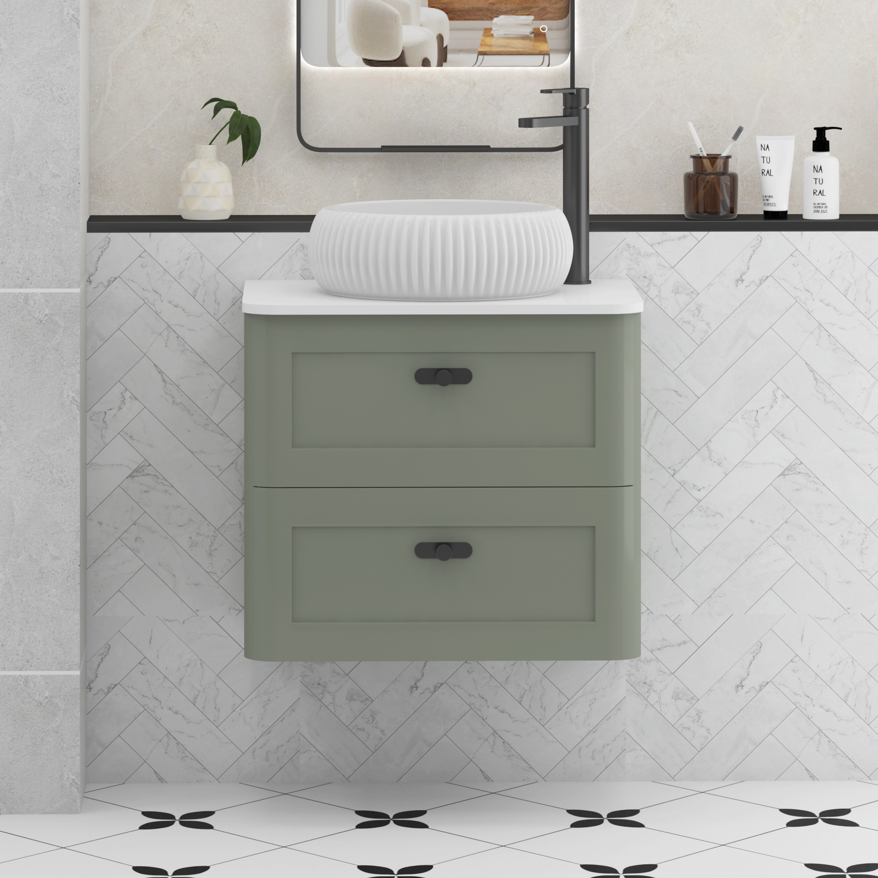 Henley Sage Green Wall Hung Vanity Unit 2 Drawer with Plain White Worktop & Various Basins & Knobs