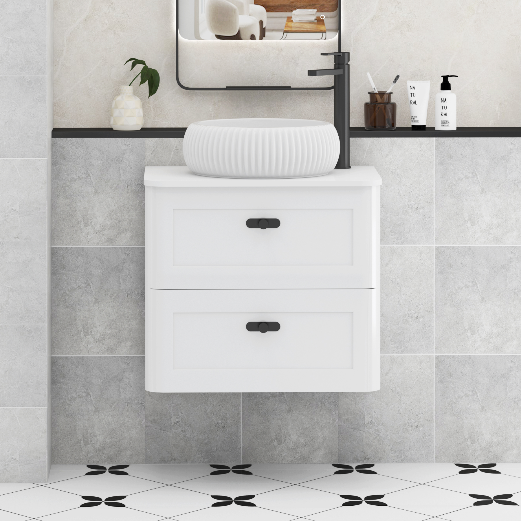 Henley Gloss White Wall Hung Vanity Unit 2 Drawer with Plain White Worktop & Various Basins & Knobs