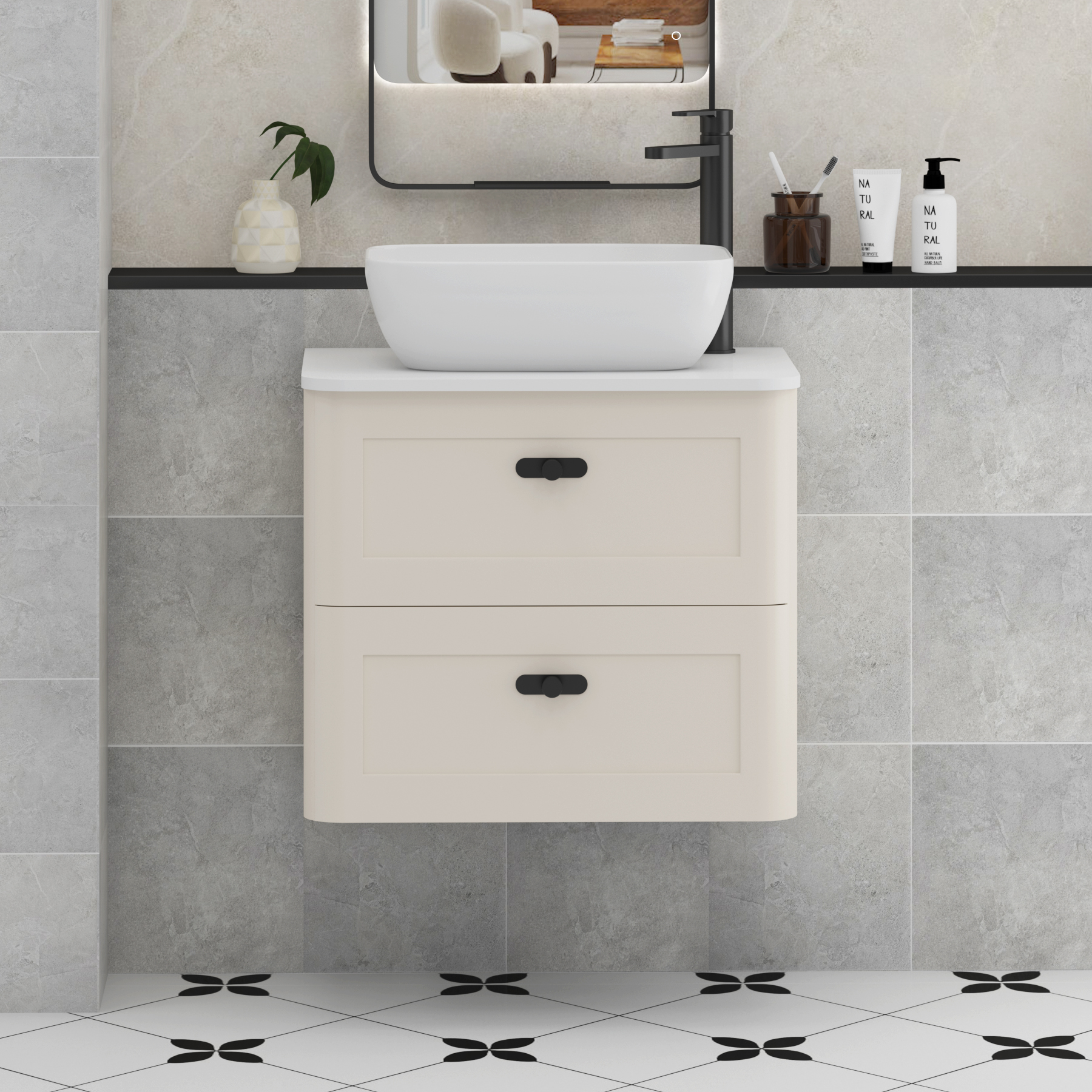 Henley Mushroom Cashmere Wall Hung Vanity Unit 2 Drawer with Plain White Worktop & Various Basins & Knobs