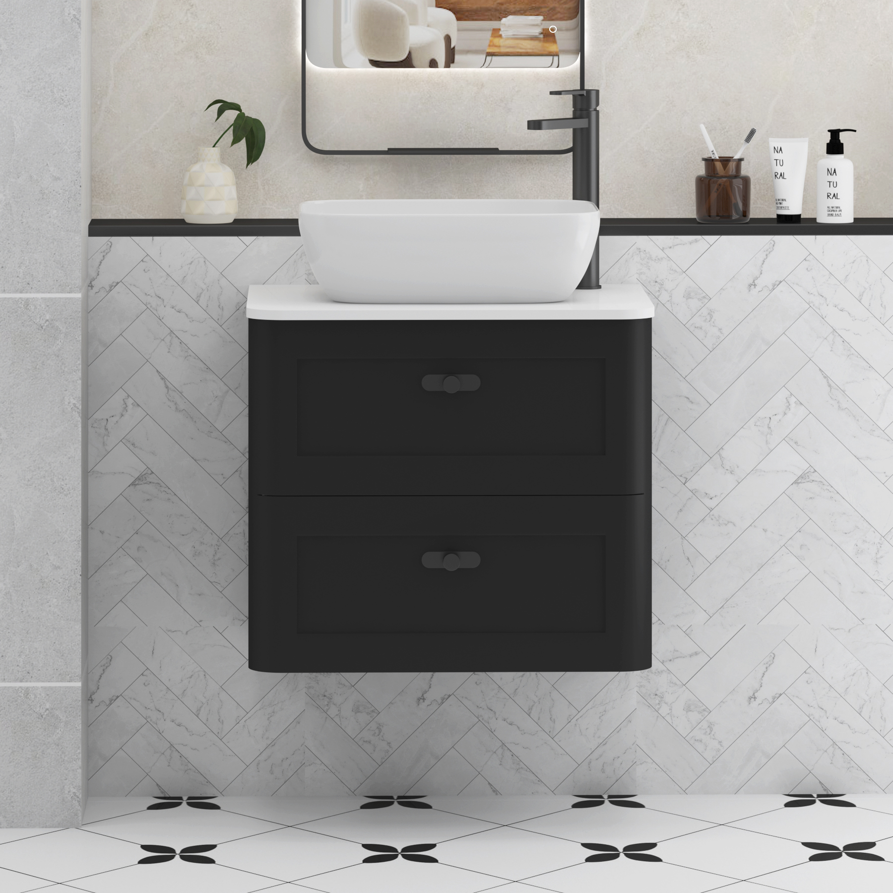 Henley Matt Nocturne Black Wall Hung Vanity Unit 2 Drawer with Plain White Worktop & Various Basins & Knobs