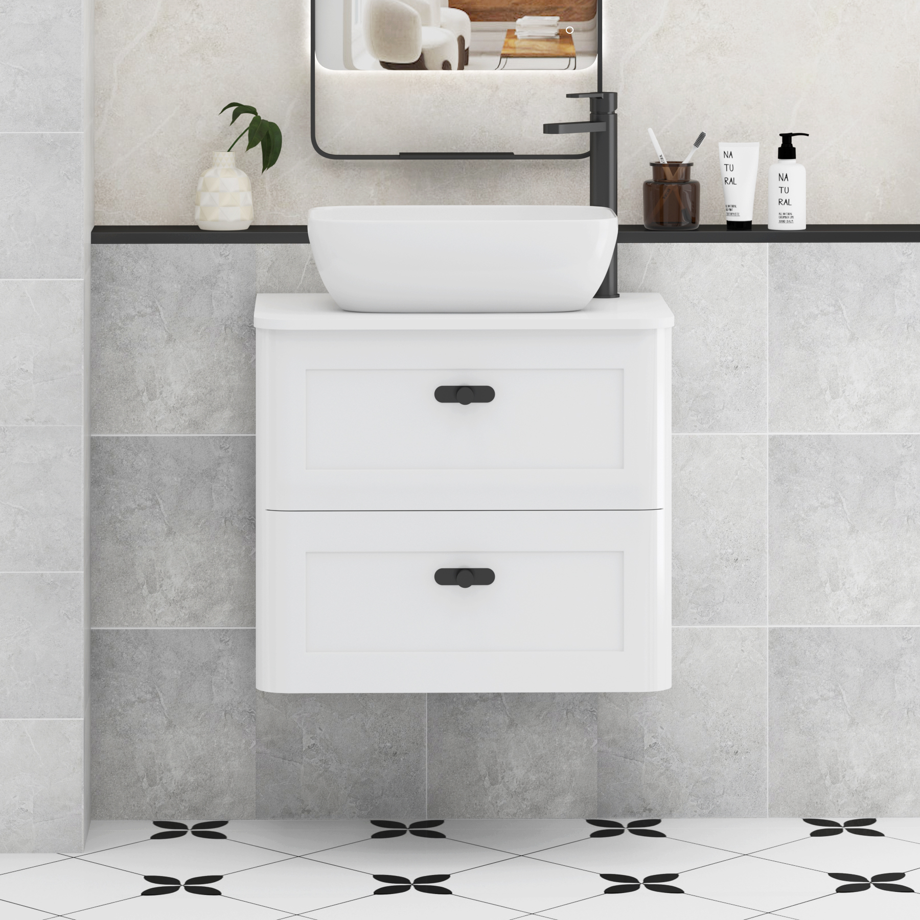 Henley Gloss White Wall Hung Vanity Unit 2 Drawer with Plain White Worktop & Various Basins & Knobs