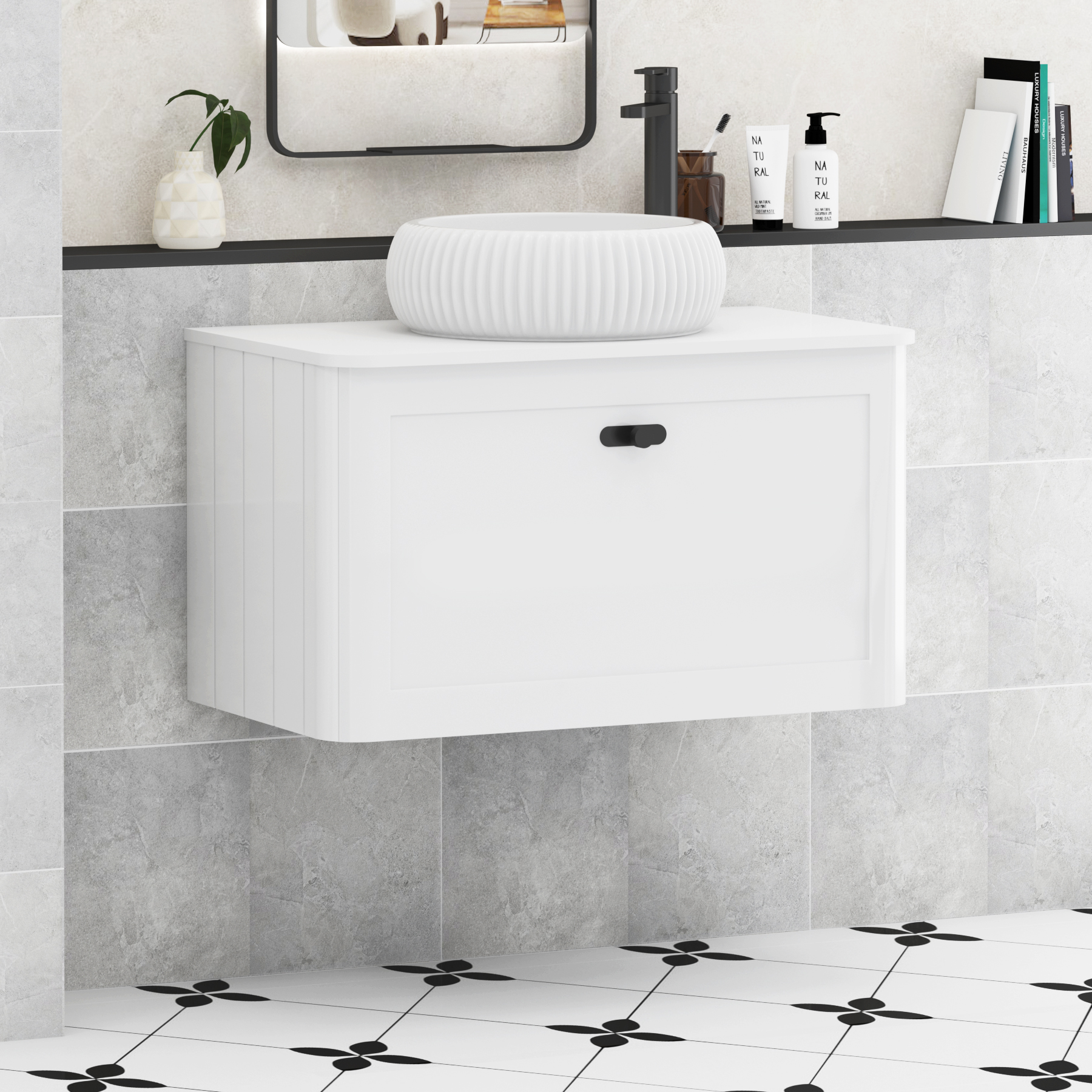 Henley 1 Drawer Wall Hung Vanity Unit – Multiple Sizes, Colours, Knobs, Worktop & Basins Options