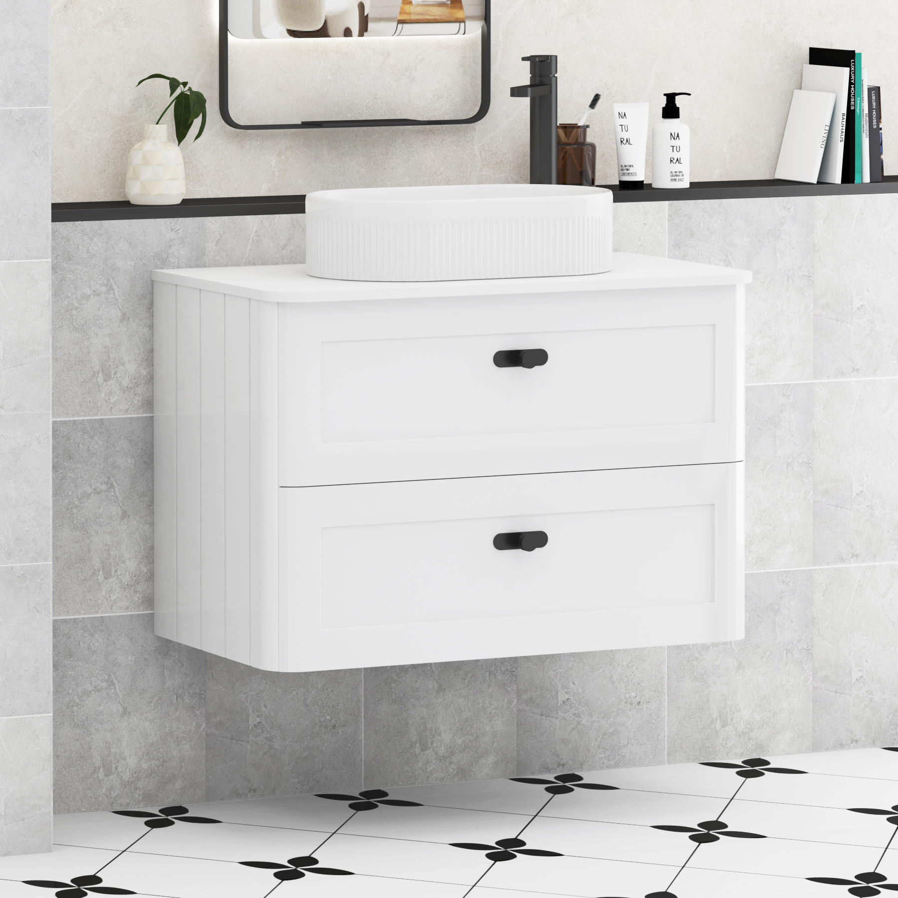 Henley 2 Drawer Wall Hung Vanity Unit – Multiple Sizes, Colours, Knobs, Worktop & Basins Options