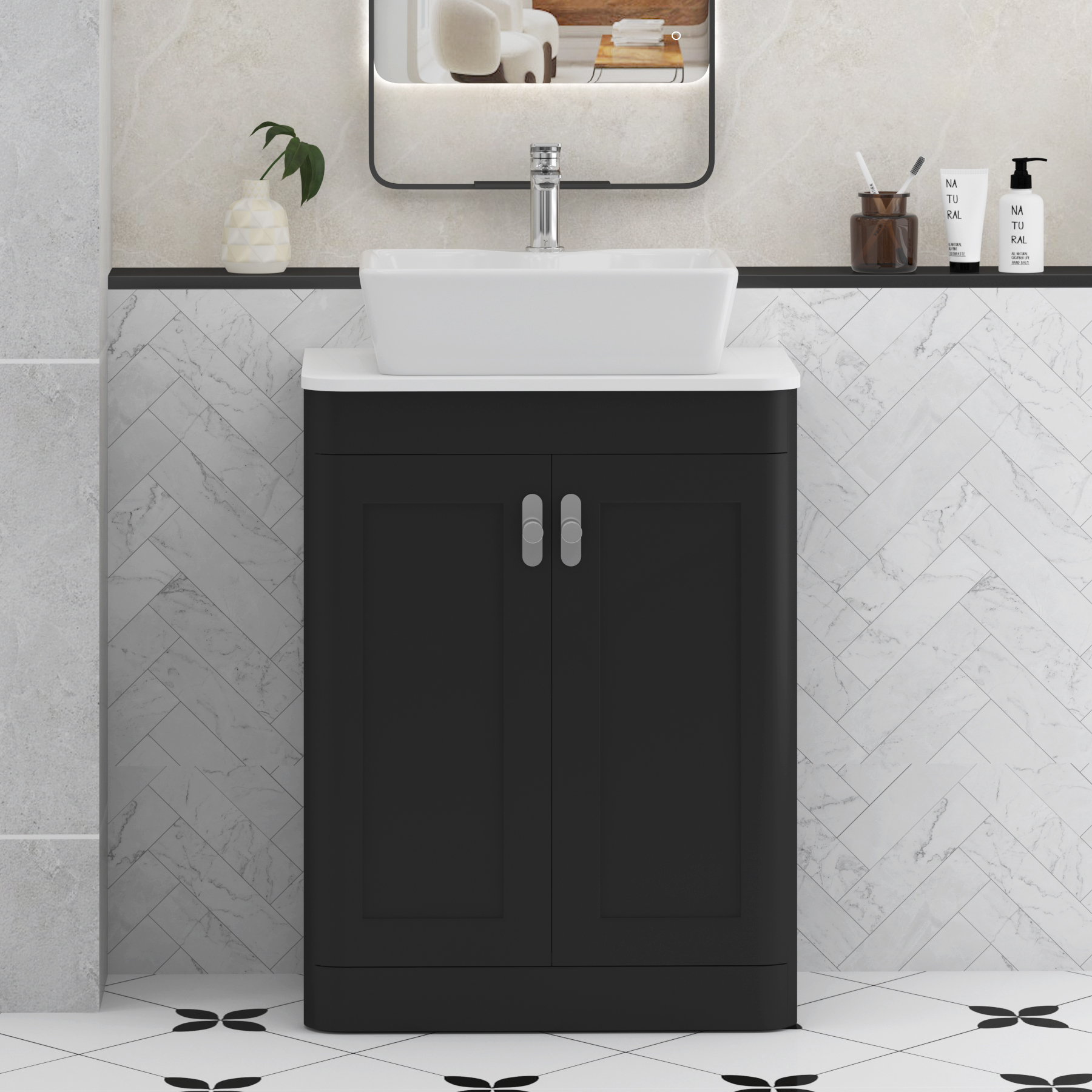 Henley Matt Nocturne Black Floor Standing Vanity Unit 2 Door with Plain White Worktop & Various Basins & Knobs