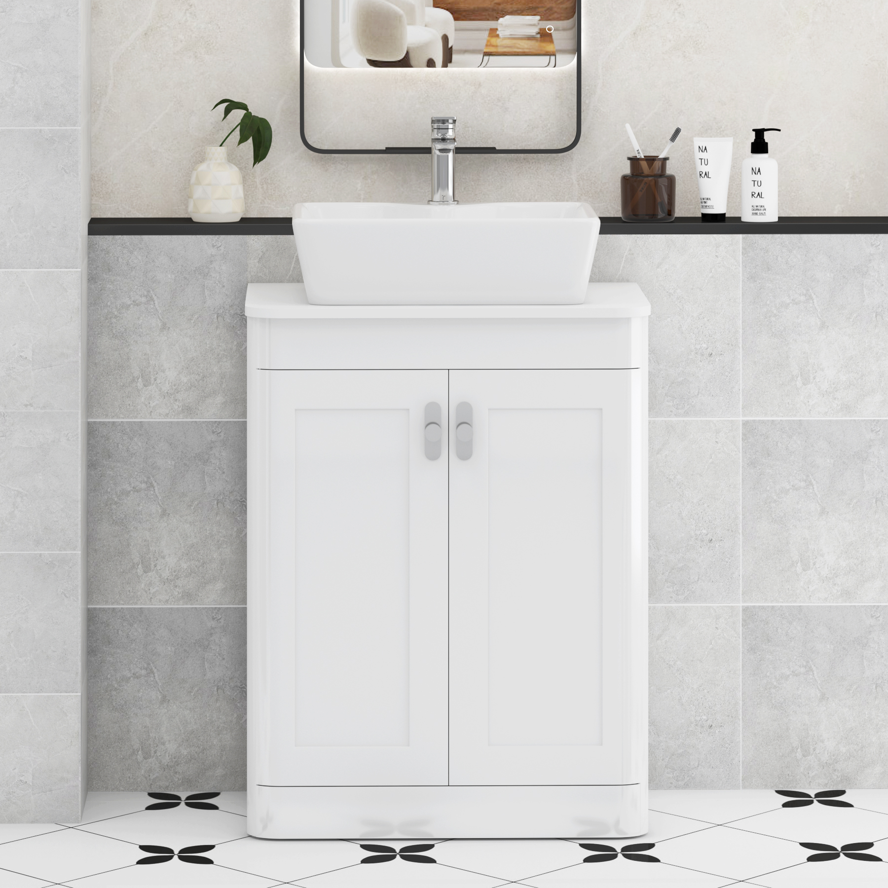 Henley Gloss White Floor Standing Vanity Unit 2 Door with Plain White Worktop & Various Basins & Knobs