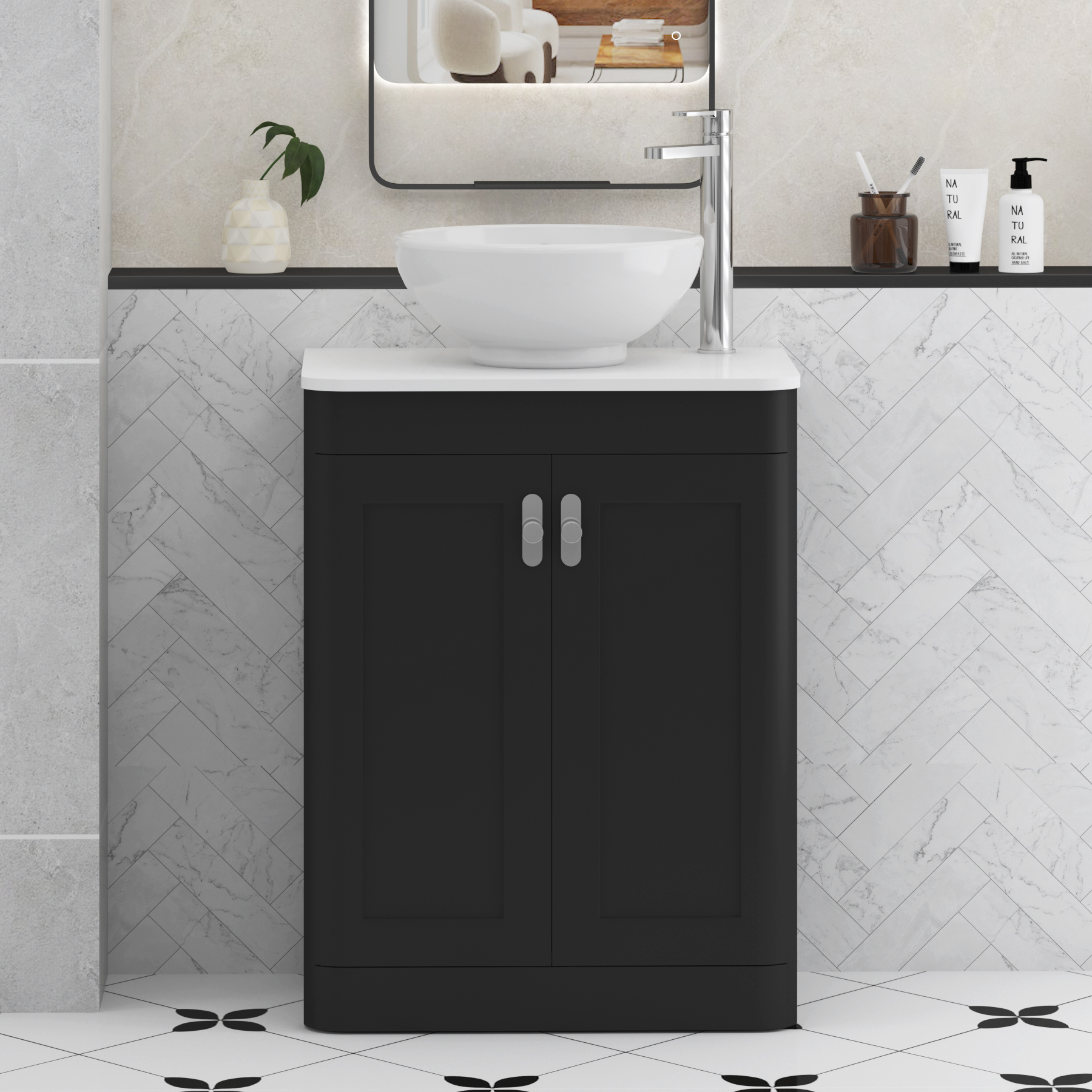 Henley Matt Nocturne Black Floor Standing Vanity Unit 2 Door with Plain White Worktop & Various Basins & Knobs