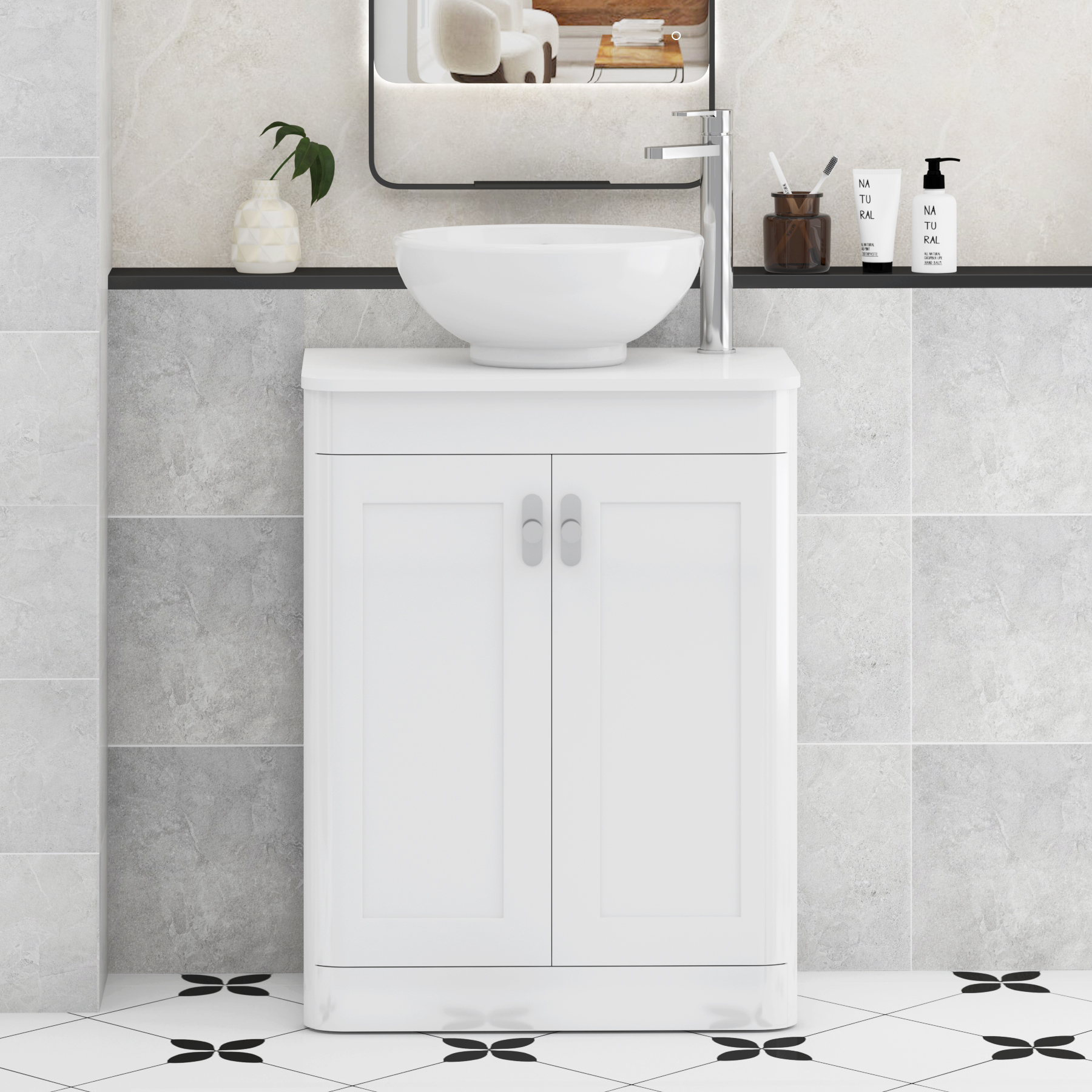 Henley Gloss White Floor Standing Vanity Unit 2 Door with Plain White Worktop & Various Basins & Knobs