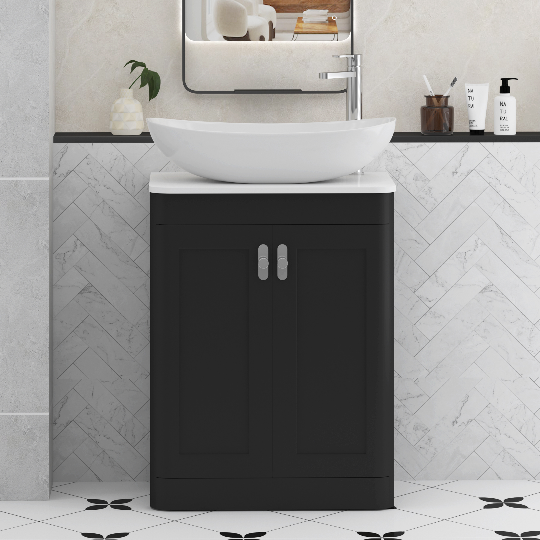 Henley Matt Nocturne Black Floor Standing Vanity Unit 2 Door with Plain White Worktop & Various Basins & Knobs