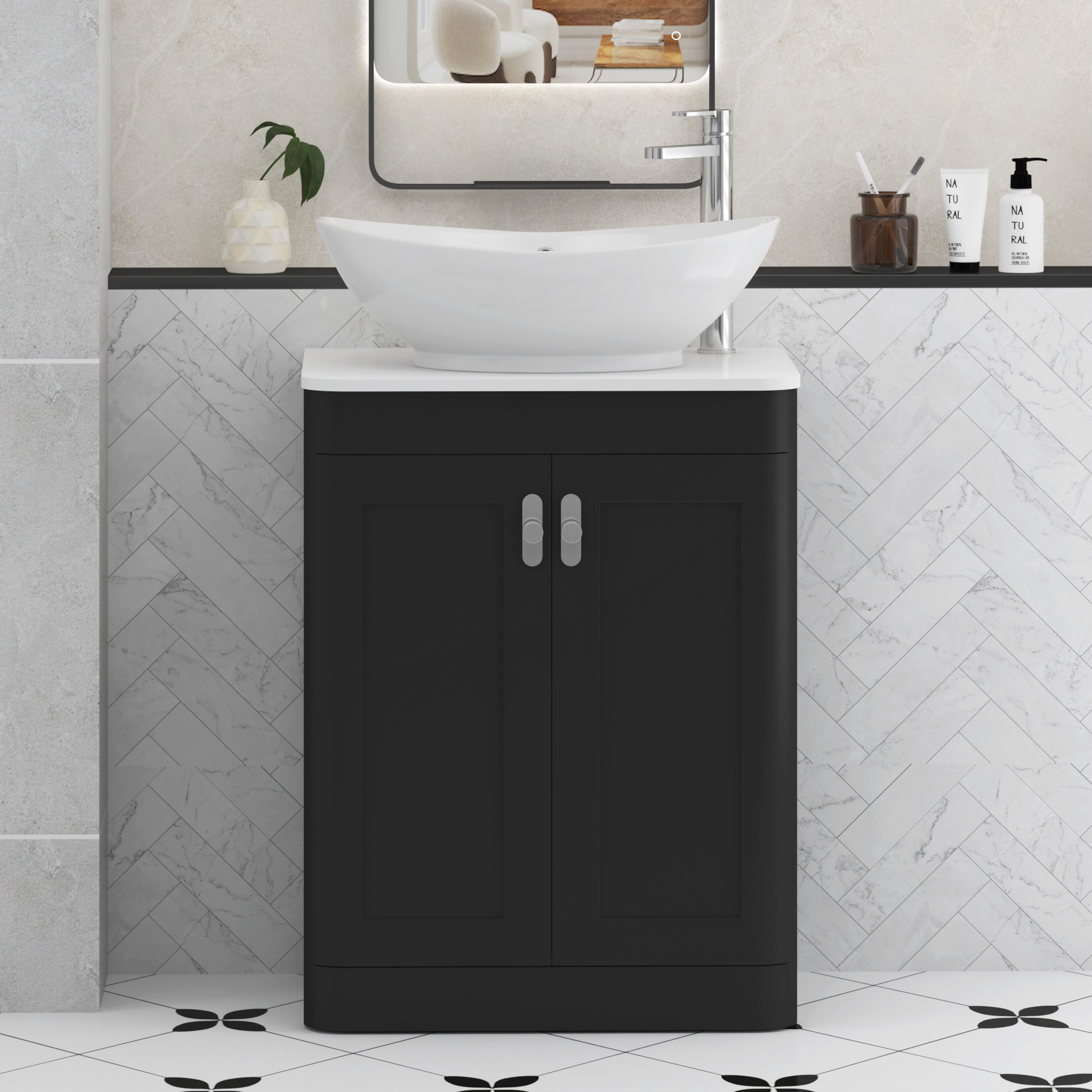 Henley Matt Nocturne Black Floor Standing Vanity Unit 2 Door with Plain White Worktop & Various Basins & Knobs