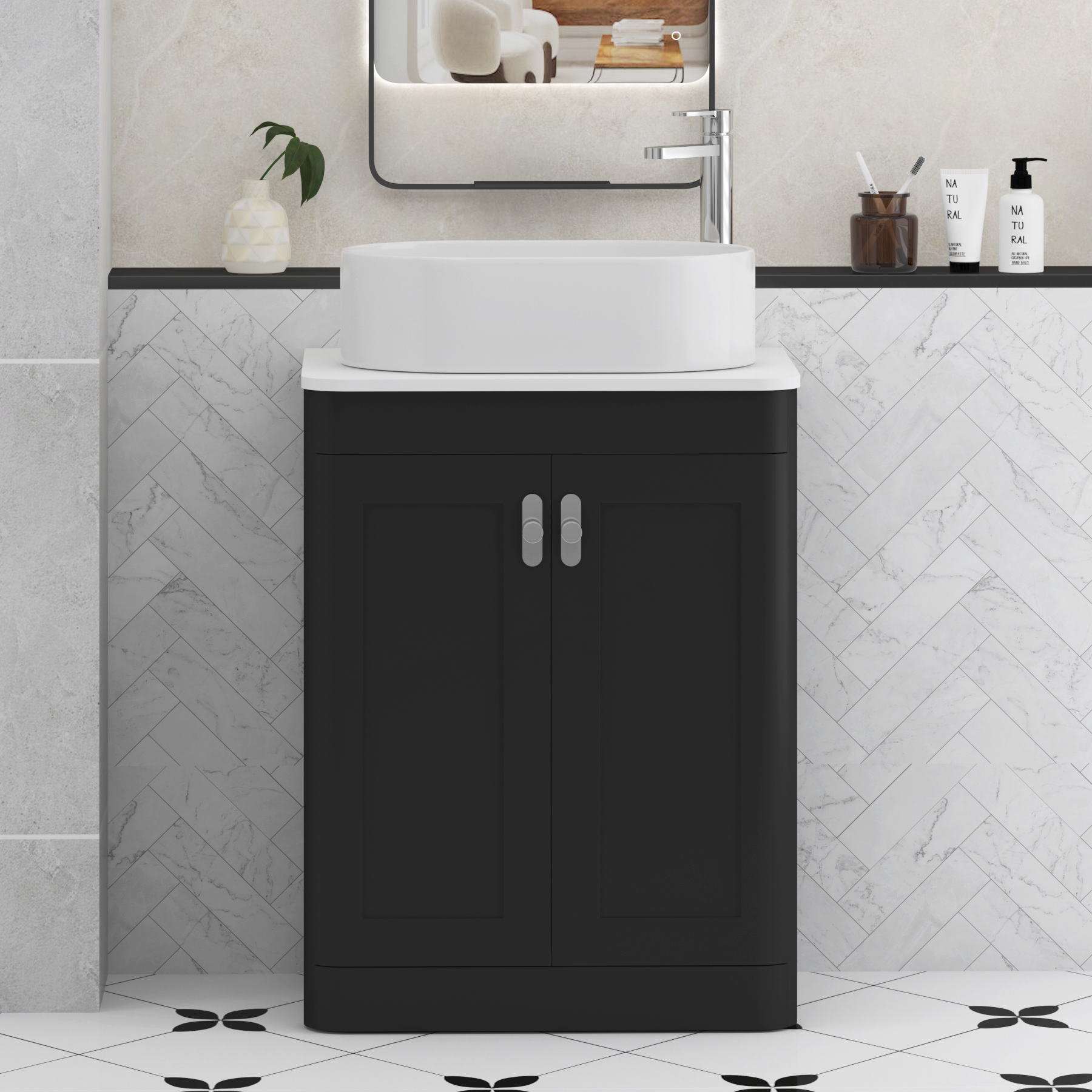 Henley Matt Nocturne Black Floor Standing Vanity Unit 2 Door with Plain White Worktop & Various Basins & Knobs