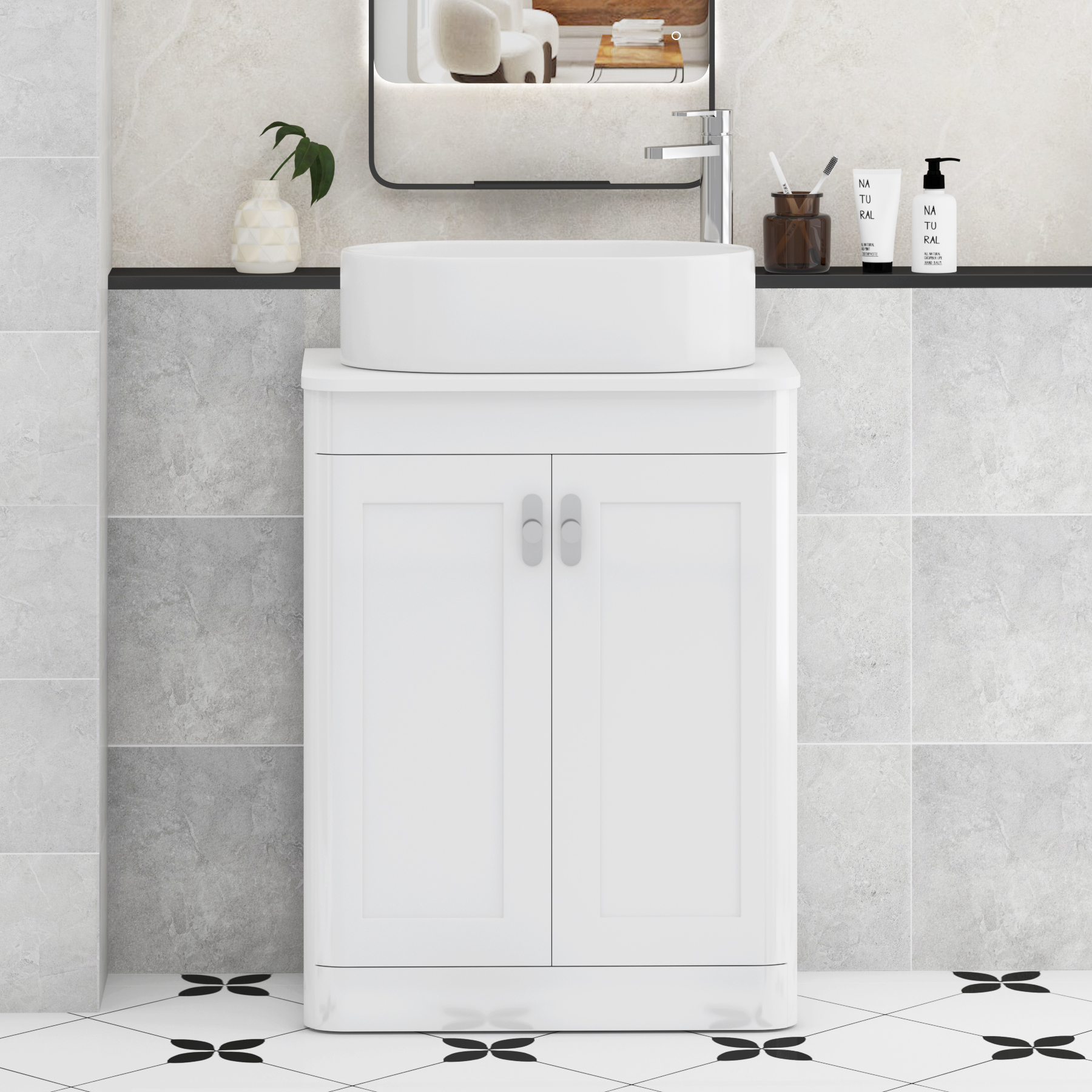 Henley Gloss White Floor Standing Vanity Unit 2 Door with Plain White Worktop & Various Basins & Knobs
