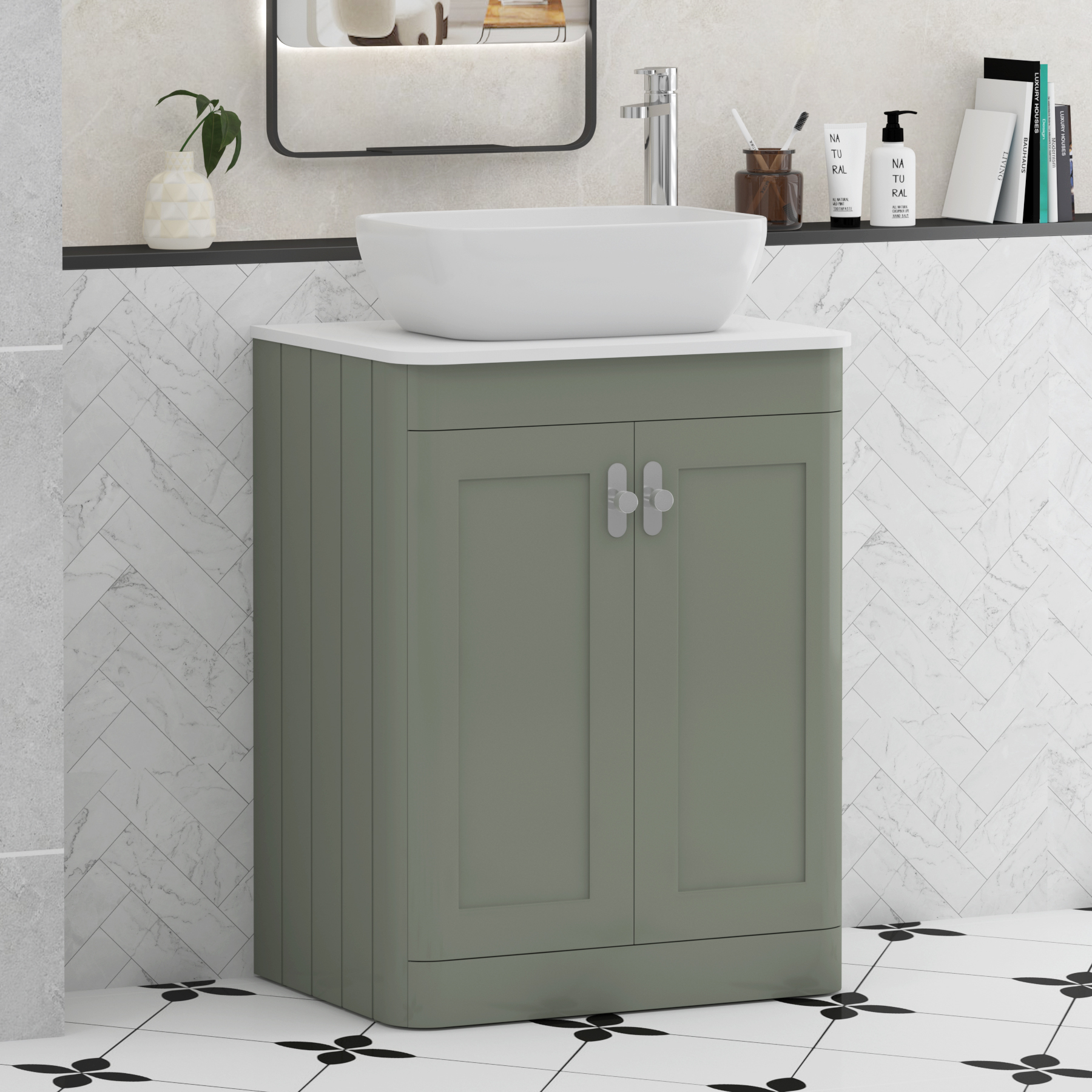 Henley Sage Green Floor Standing Vanity Unit 2 Door with Plain White Worktop & Various Basins & Knobs