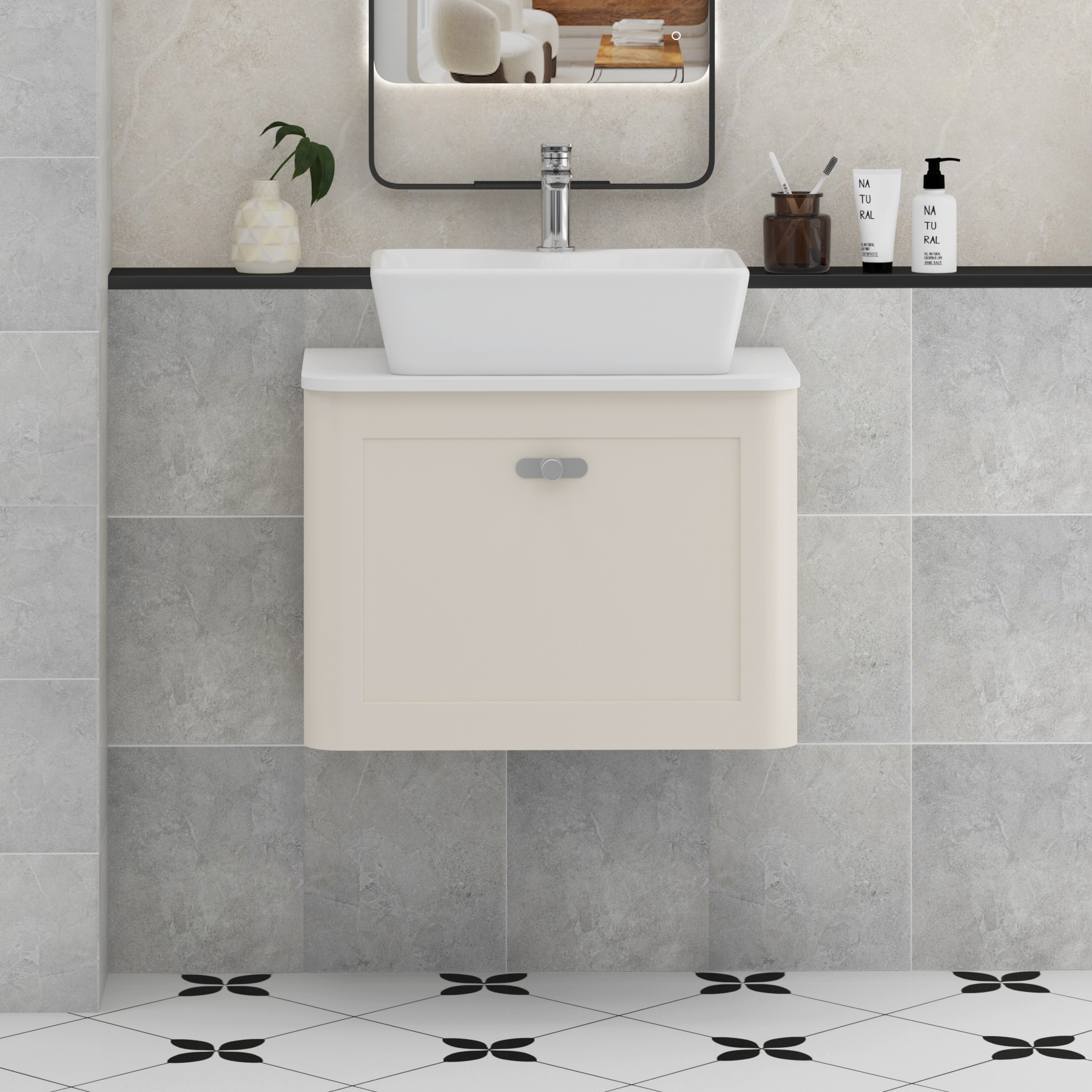 Henley Mushroom Cashmere Wall Hung Vanity Unit 1 Drawer with Plain White Worktop & Various Basins & Knobs