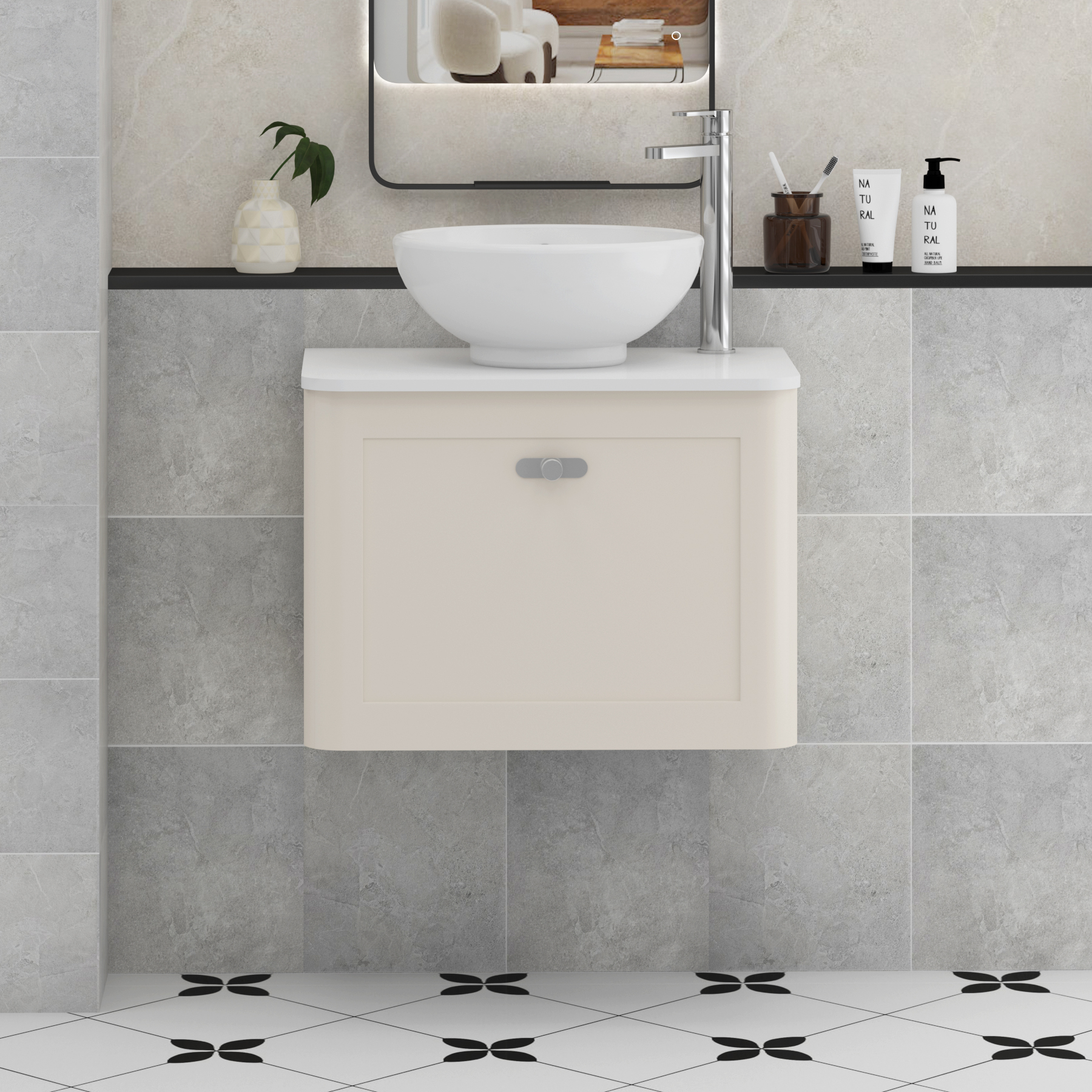Henley Mushroom Cashmere Wall Hung Vanity Unit 1 Drawer with Plain White Worktop & Various Basins & Knobs