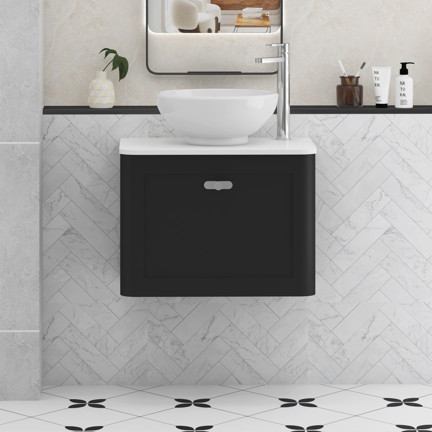 Henley Matt Nocturne Black Wall Hung Vanity Unit 1 Drawer with Plain White Worktop & Various Basins & Knobs