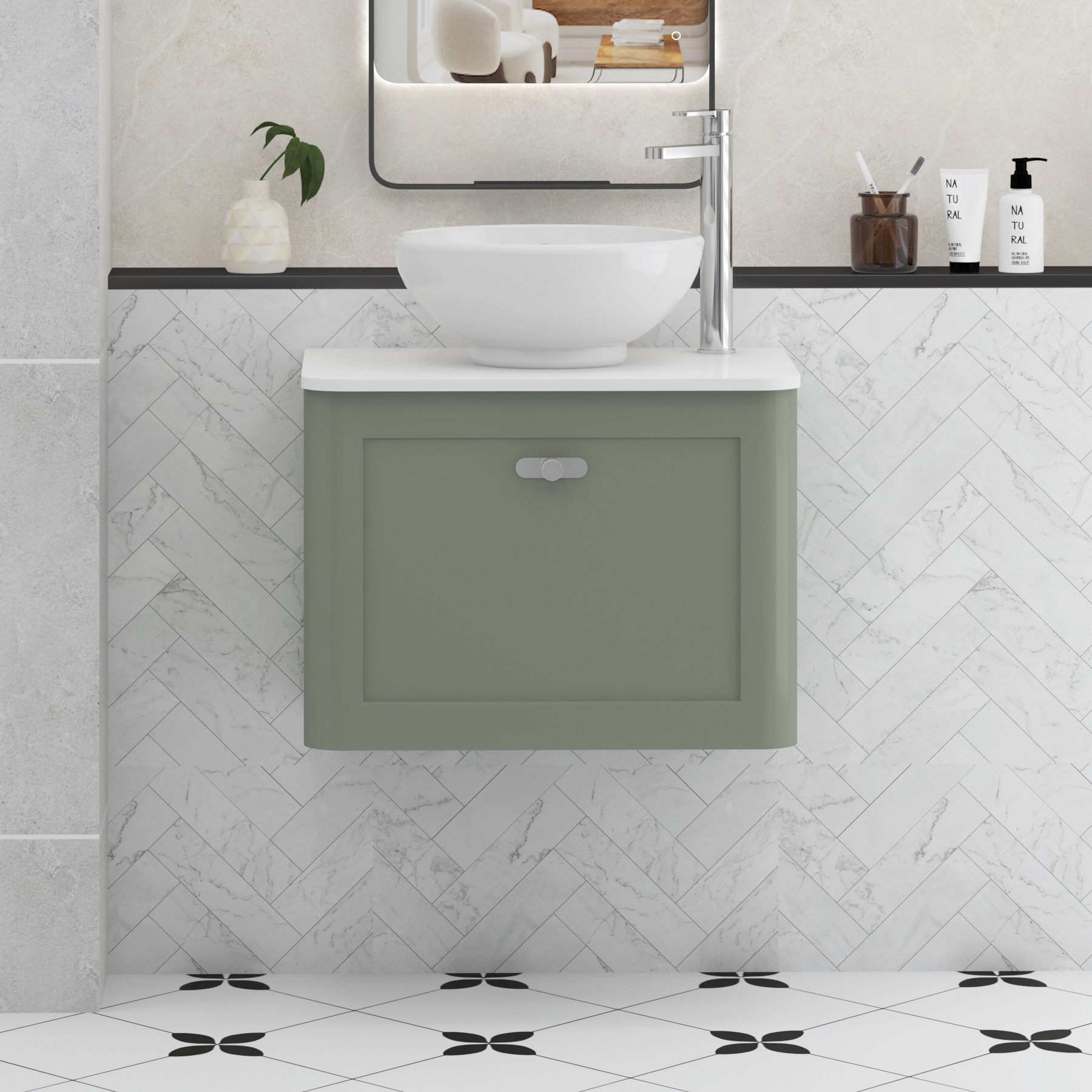 Henley Sage Green Wall Hung Vanity Unit 1 Drawer with Plain White Worktop & Various Basins & Knobs