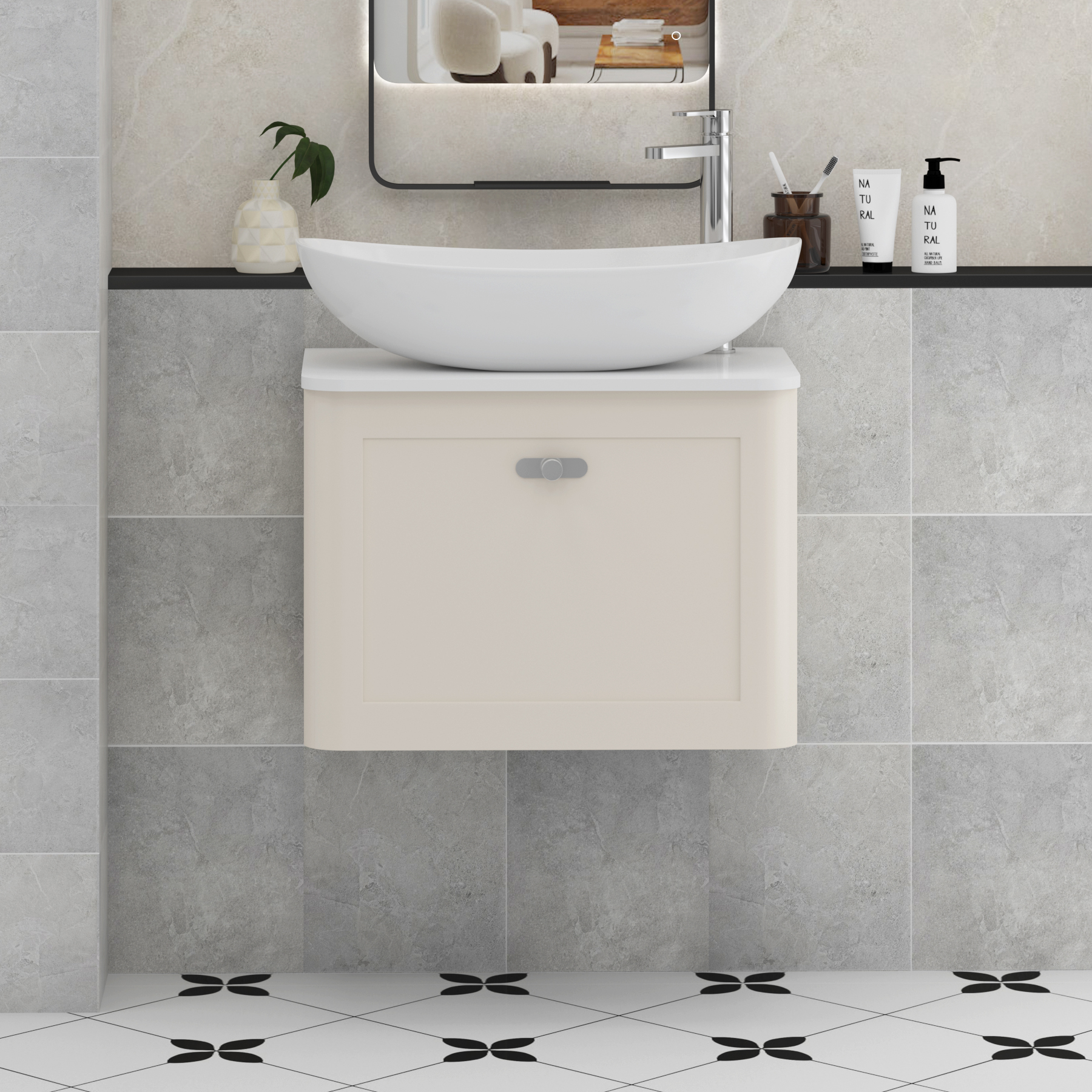 Henley Mushroom Cashmere Wall Hung Vanity Unit 1 Drawer with Plain White Worktop & Various Basins & Knobs