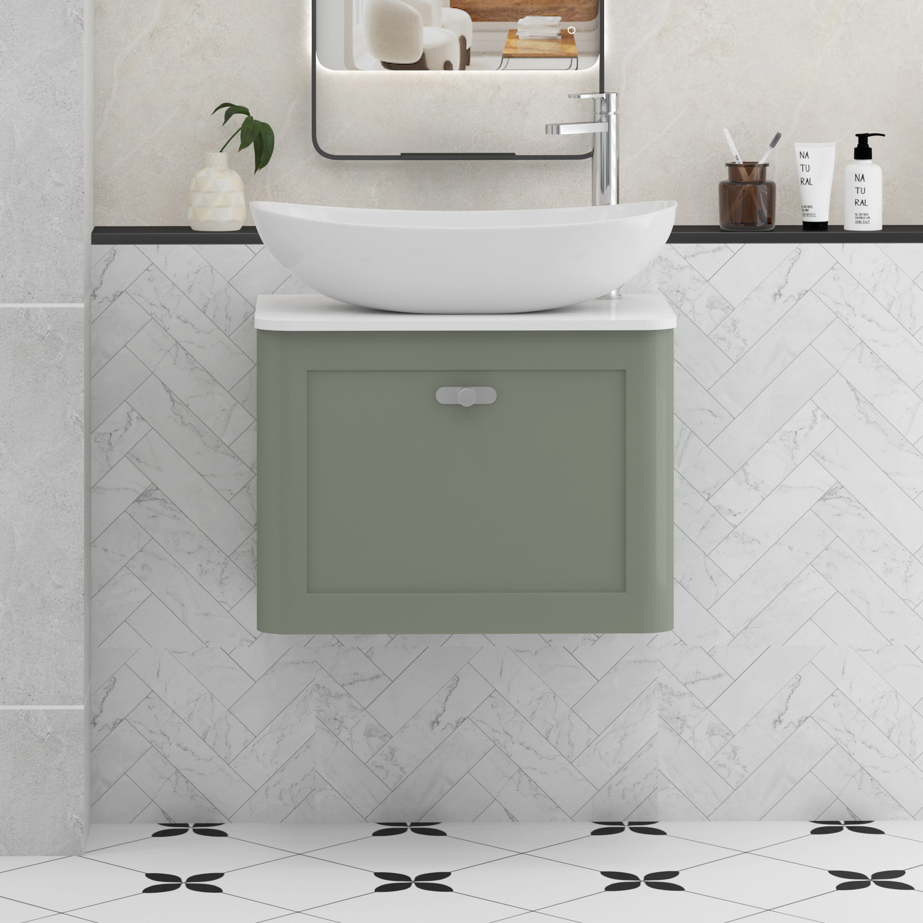 Henley Sage Green Wall Hung Vanity Unit 1 Drawer with Plain White Worktop & Various Basins & Knobs