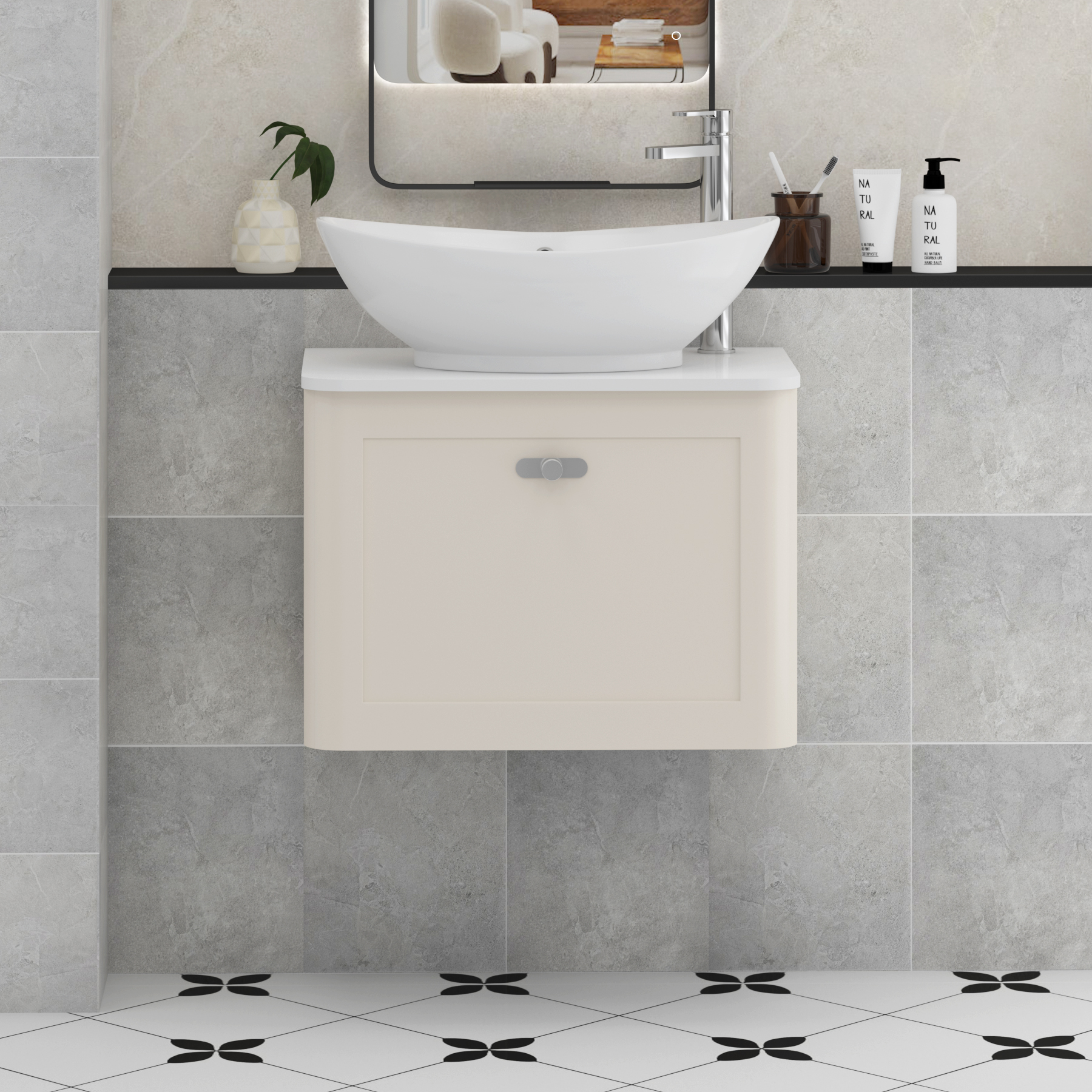 Henley Mushroom Cashmere Wall Hung Vanity Unit 1 Drawer with Plain White Worktop & Various Basins & Knobs