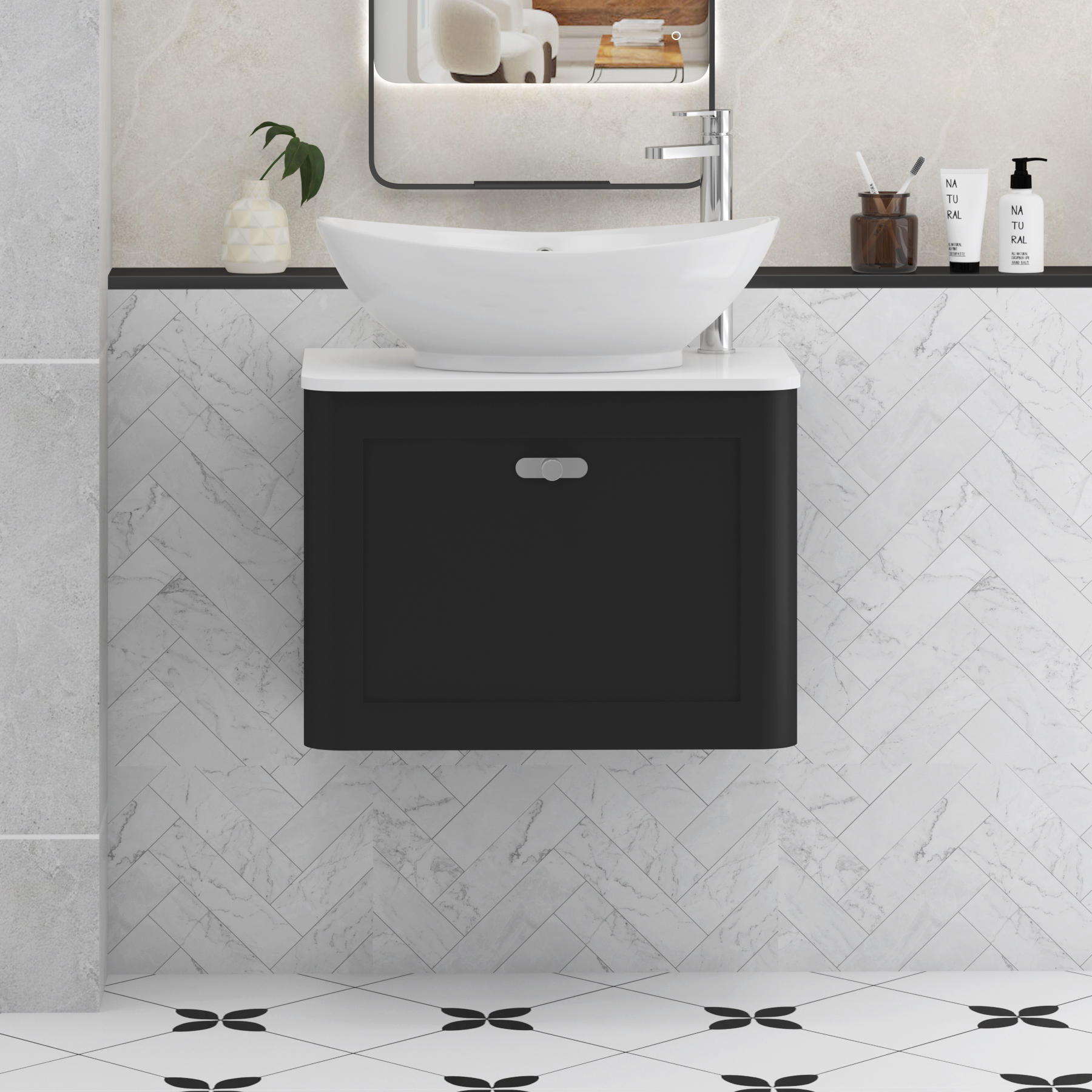 Henley Matt Nocturne Black Wall Hung Vanity Unit 1 Drawer with Plain White Worktop & Various Basins & Knobs