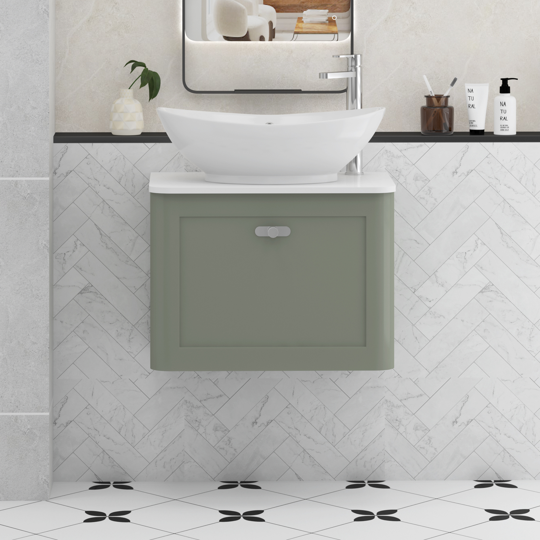 Henley Sage Green Wall Hung Vanity Unit 1 Drawer with Plain White Worktop & Various Basins & Knobs