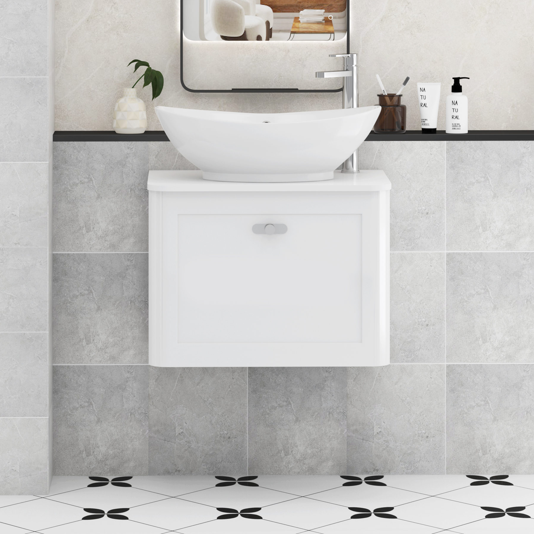 Henley Gloss White Wall Hung Vanity Unit 1 Drawer with Plain White Worktop & Various Basins & Knobs