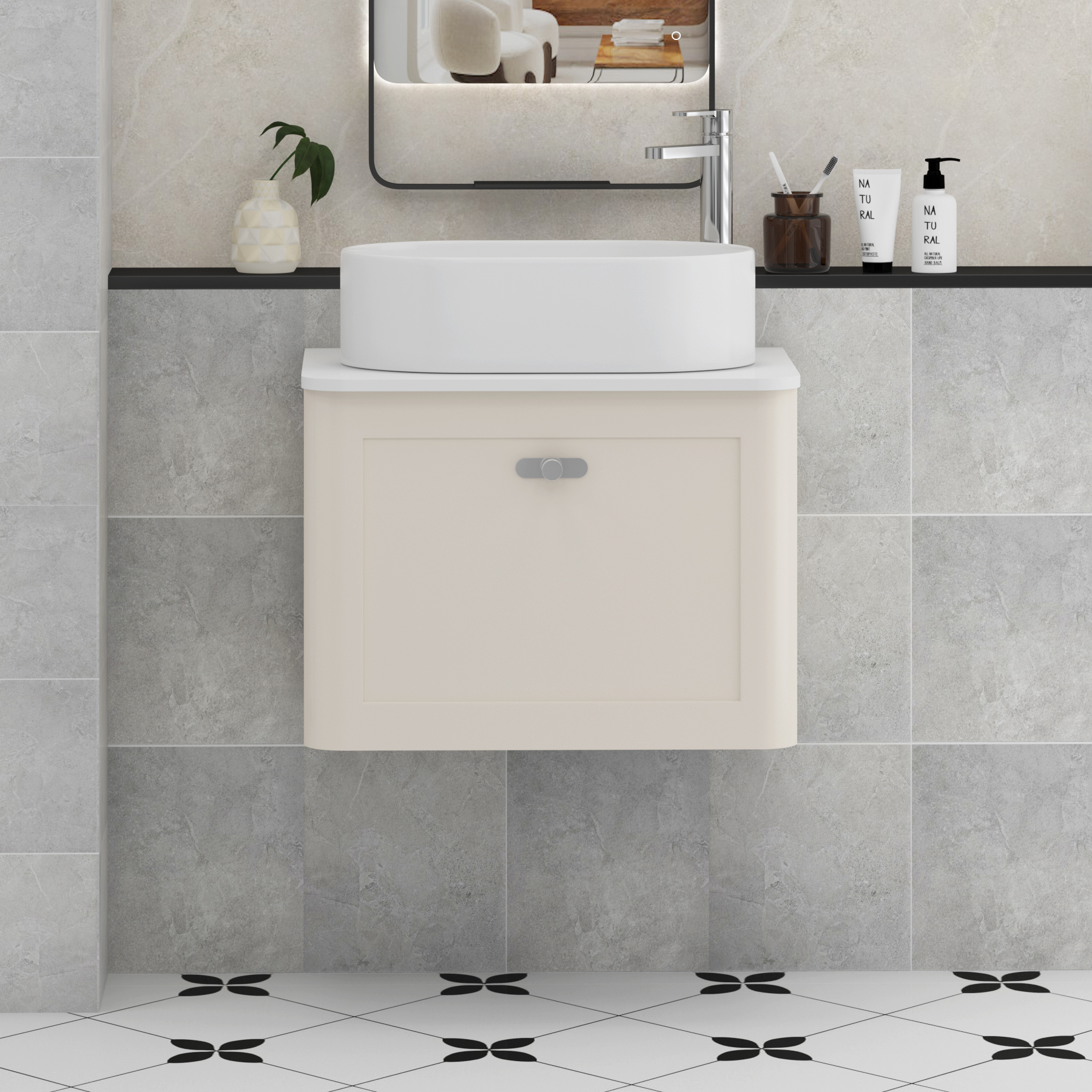 Henley Mushroom Cashmere Wall Hung Vanity Unit 1 Drawer with Plain White Worktop & Various Basins & Knobs