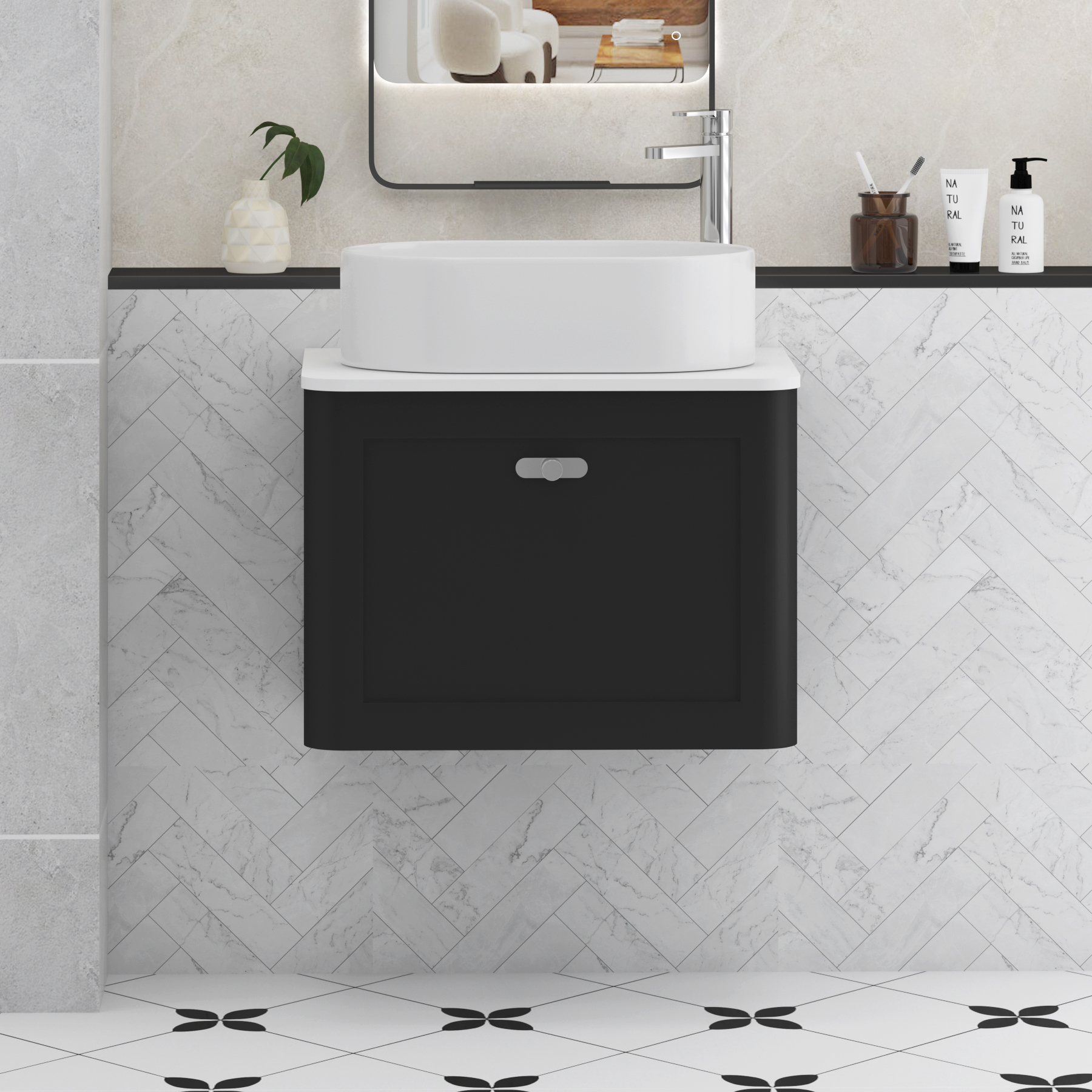 Henley Matt Nocturne Black Wall Hung Vanity Unit 1 Drawer with Plain White Worktop & Various Basins & Knobs
