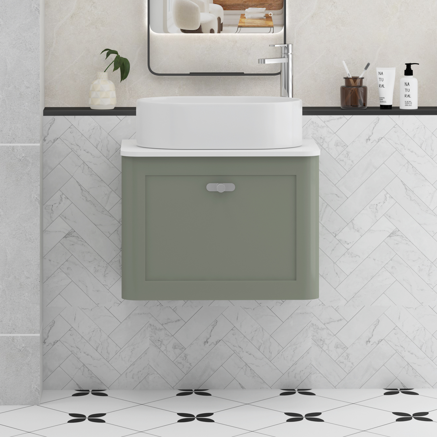 Henley Sage Green Wall Hung Vanity Unit 1 Drawer with Plain White Worktop & Various Basins & Knobs