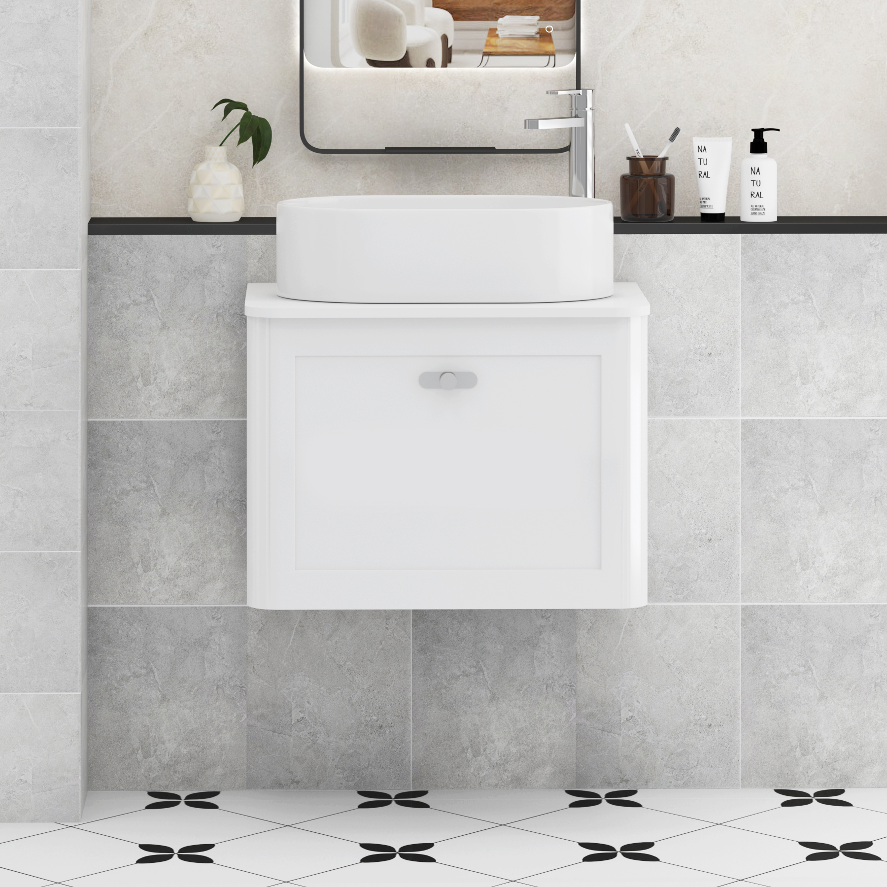 Henley Gloss White Wall Hung Vanity Unit 1 Drawer with Plain White Worktop & Various Basins & Knobs