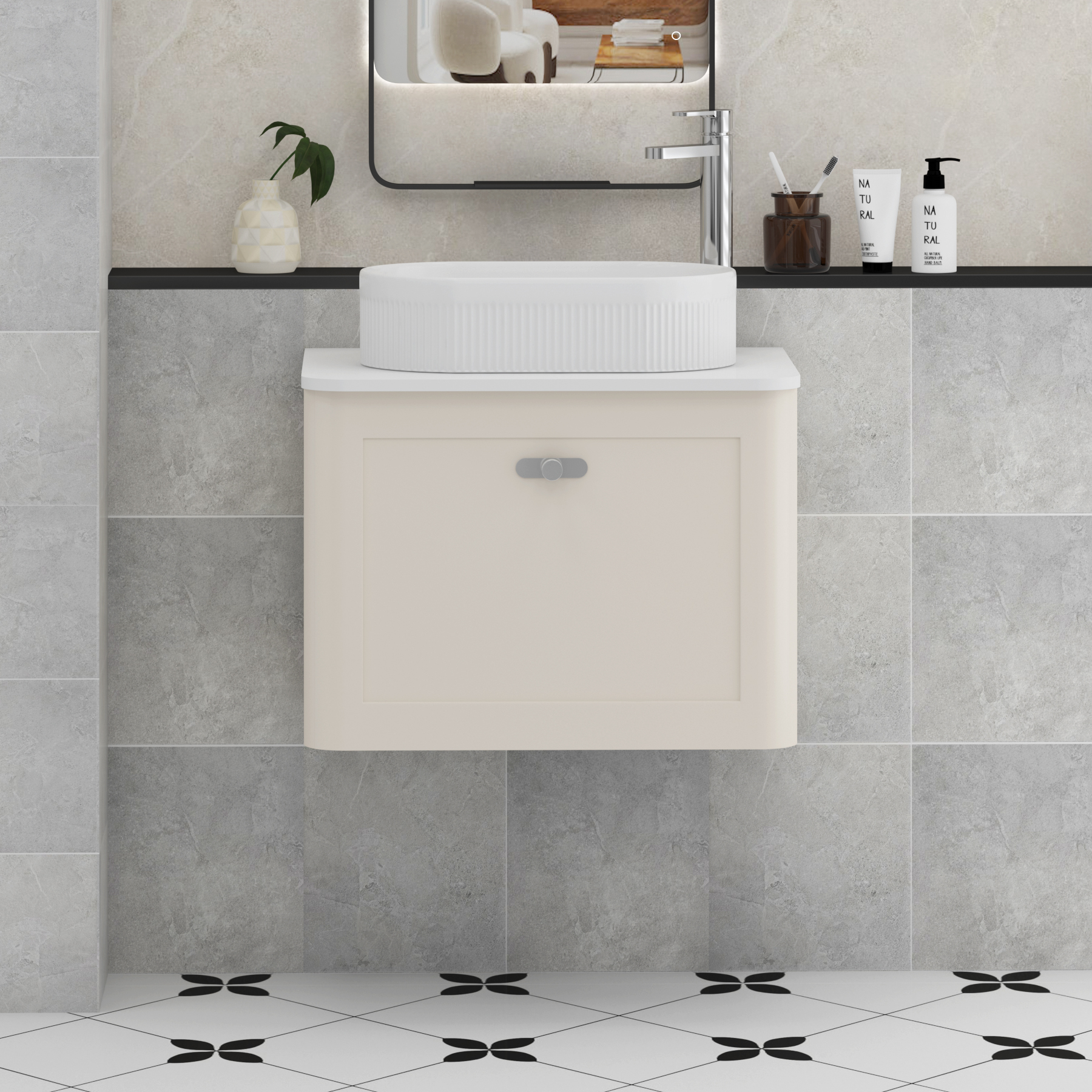 Henley Mushroom Cashmere Wall Hung Vanity Unit 1 Drawer with Plain White Worktop & Various Basins & Knobs