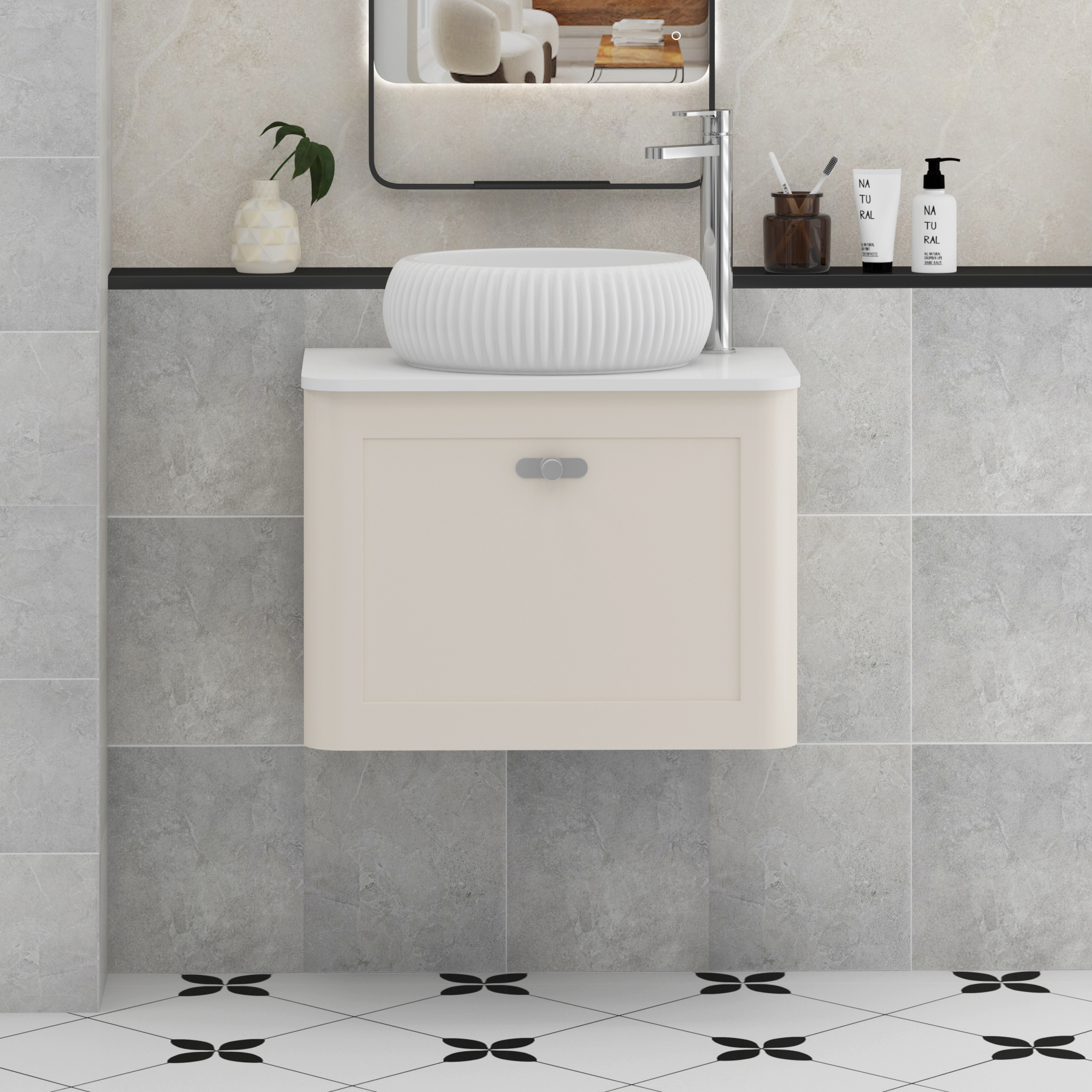 Henley Mushroom Cashmere Wall Hung Vanity Unit 1 Drawer with Plain White Worktop & Various Basins & Knobs