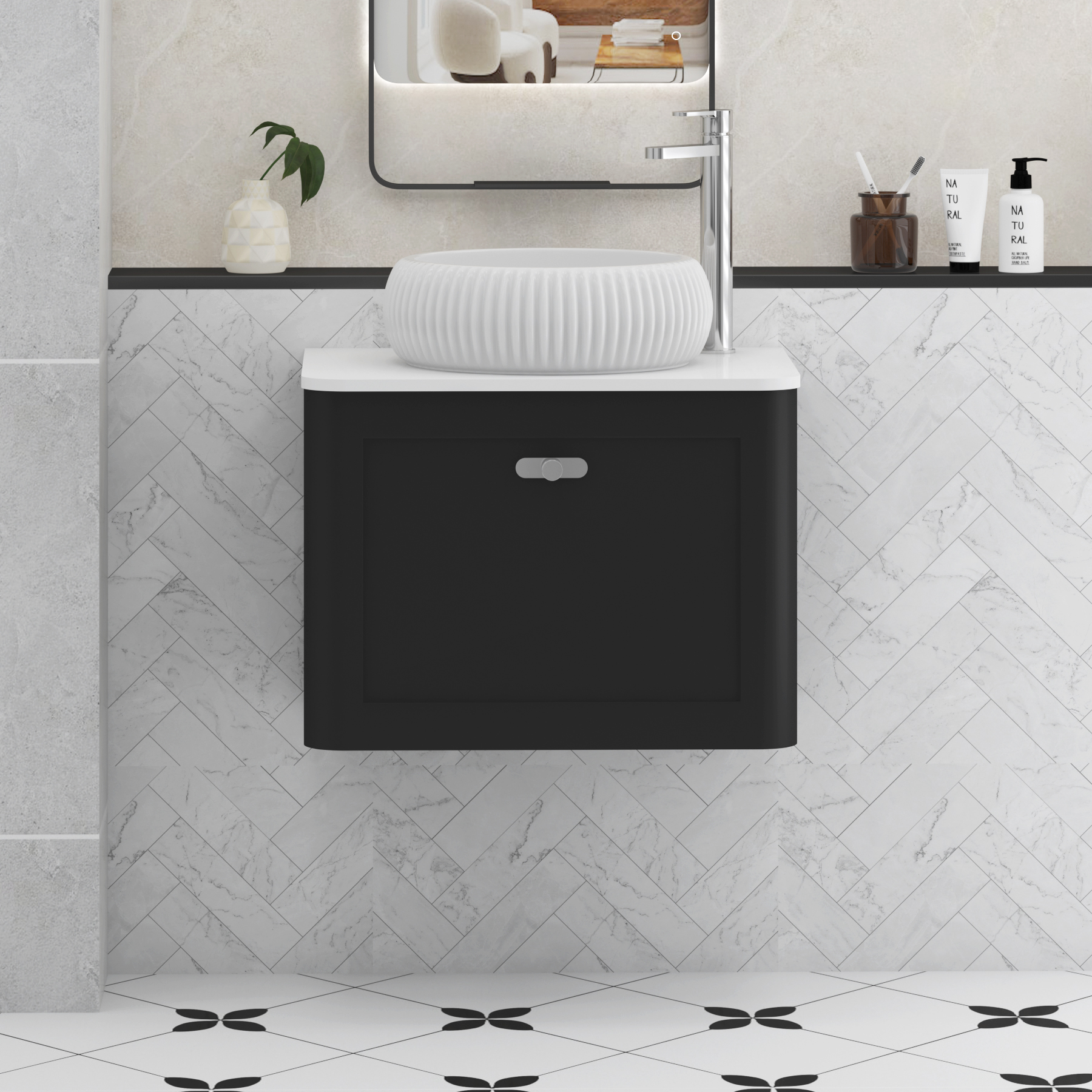 Henley Matt Nocturne Black Wall Hung Vanity Unit 1 Drawer with Plain White Worktop & Various Basins & Knobs