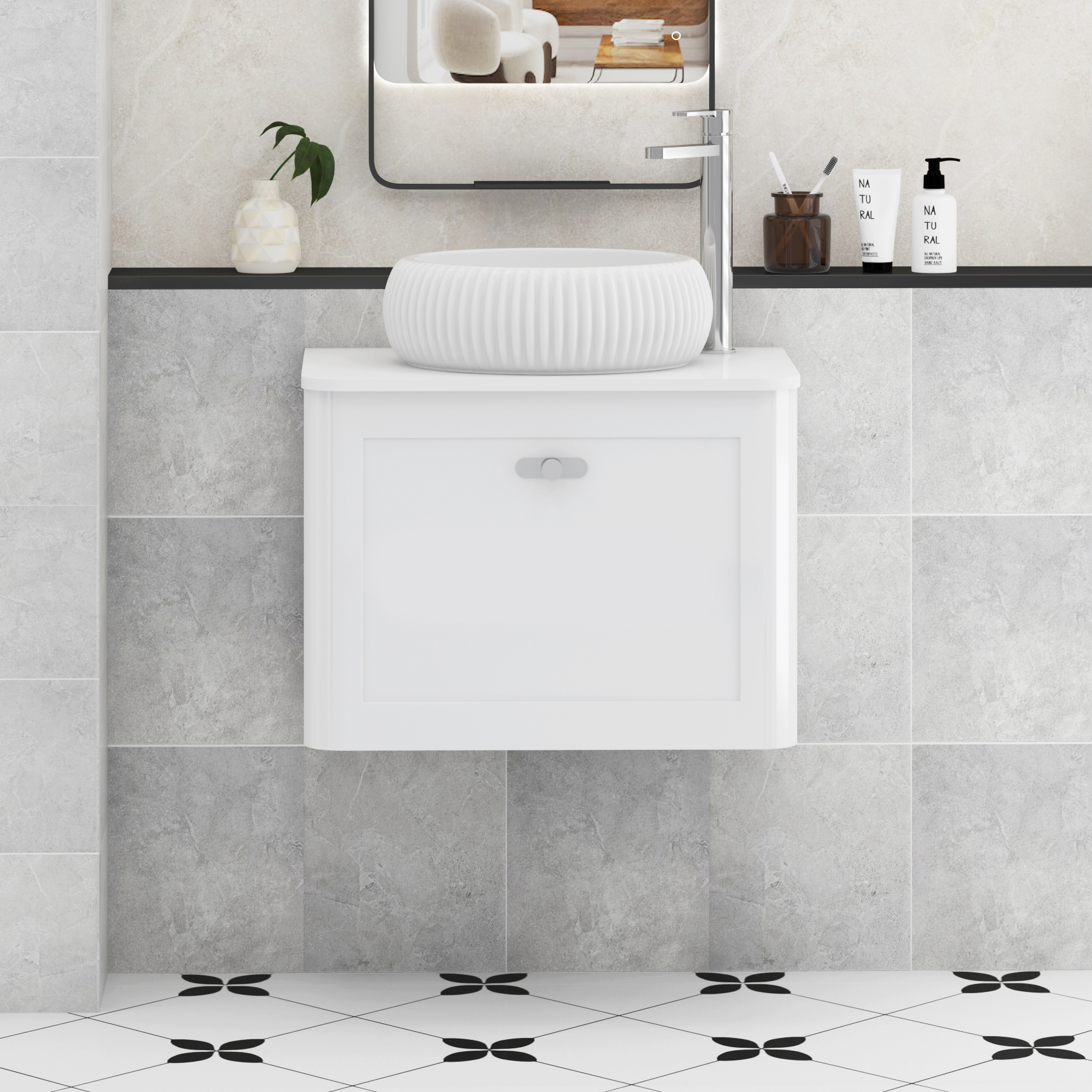 Henley Gloss White Wall Hung Vanity Unit 1 Drawer with Plain White Worktop & Various Basins & Knobs