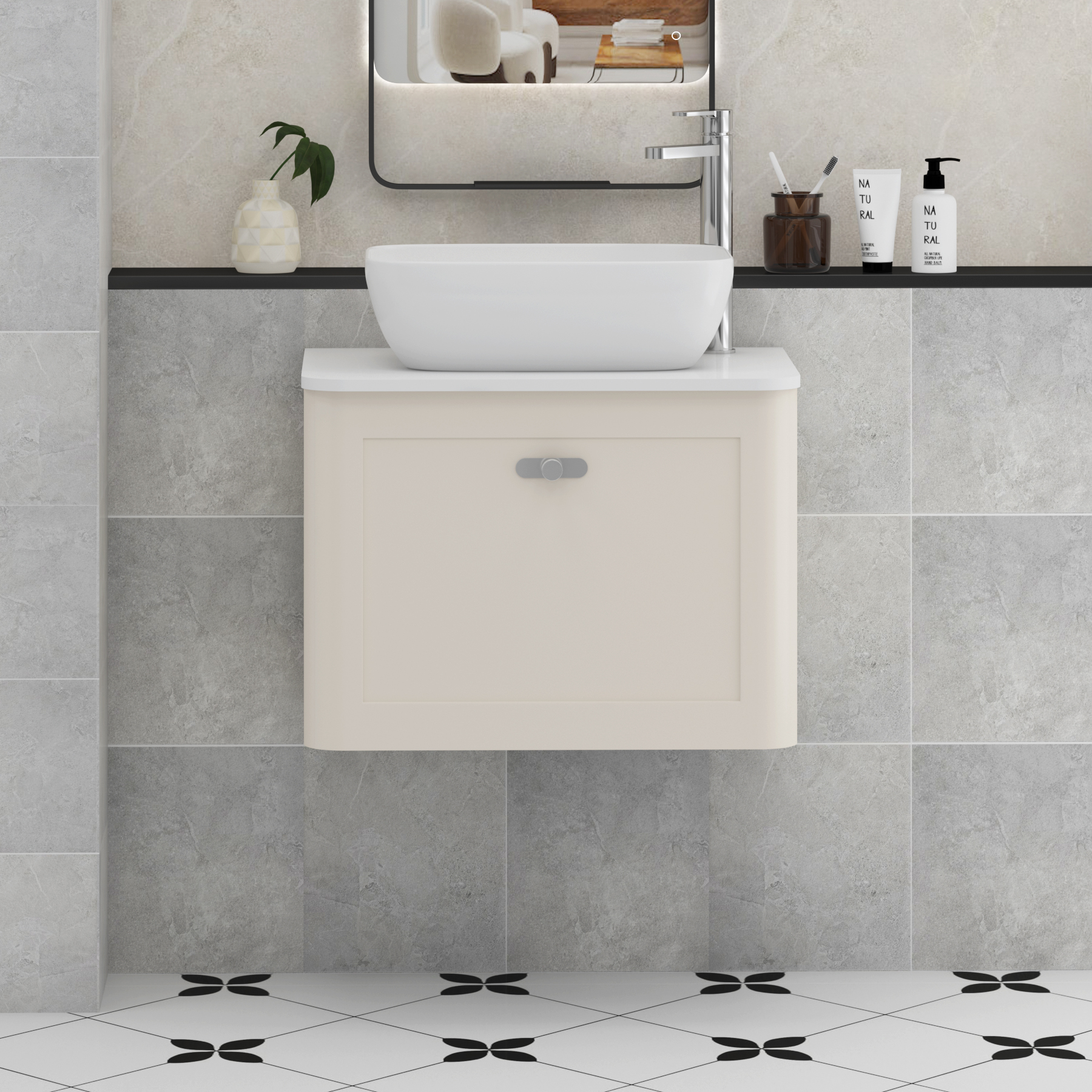 Henley Mushroom Cashmere Wall Hung Vanity Unit 1 Drawer with Plain White Worktop & Various Basins & Knobs