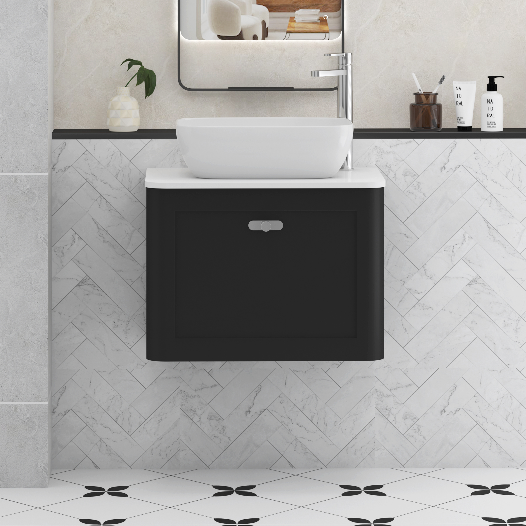 Henley Matt Nocturne Black Wall Hung Vanity Unit 1 Drawer with Plain White Worktop & Various Basins & Knobs