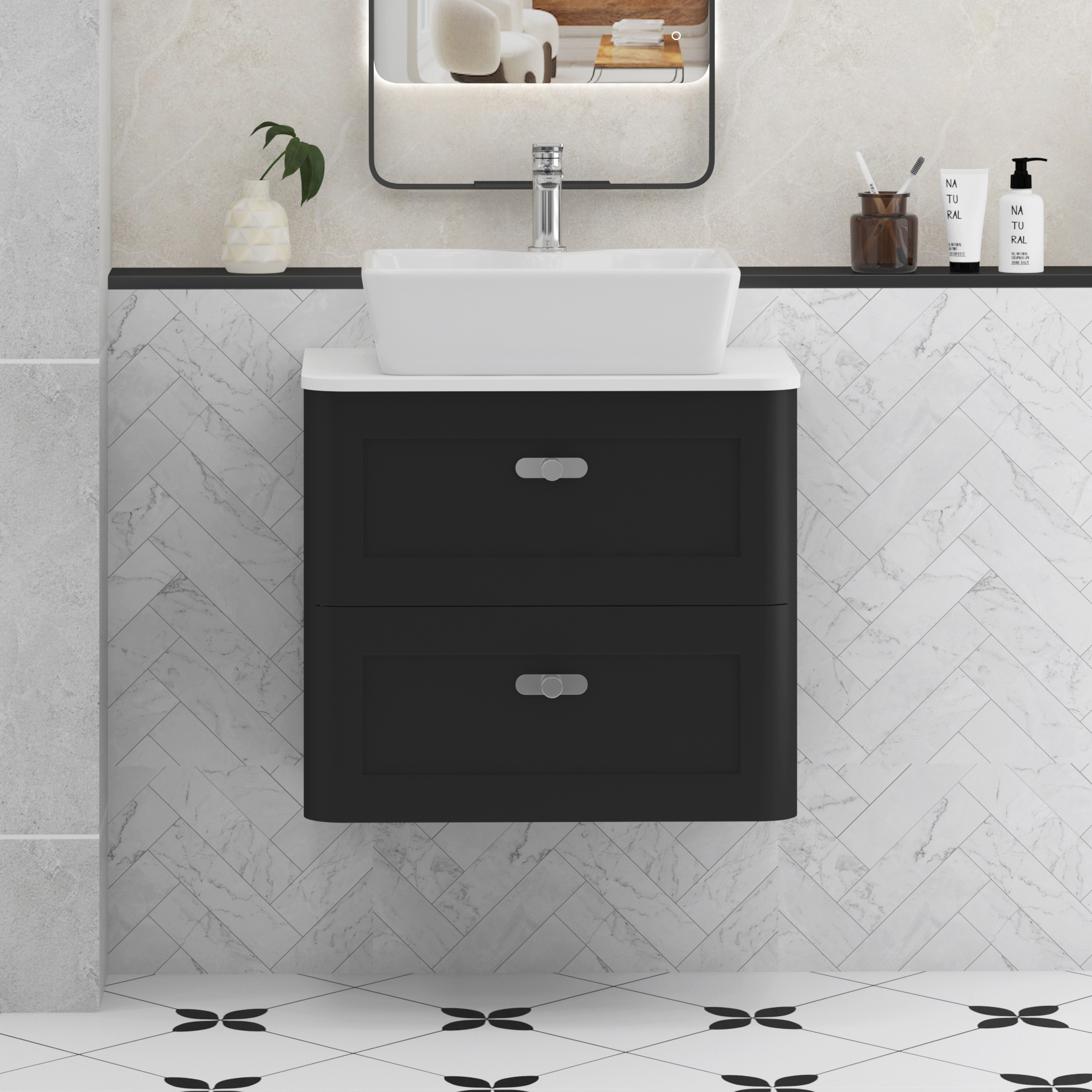 Henley Matt Nocturne Black Wall Hung Vanity Unit 2 Drawer with Plain White Worktop & Various Basins & Knobs