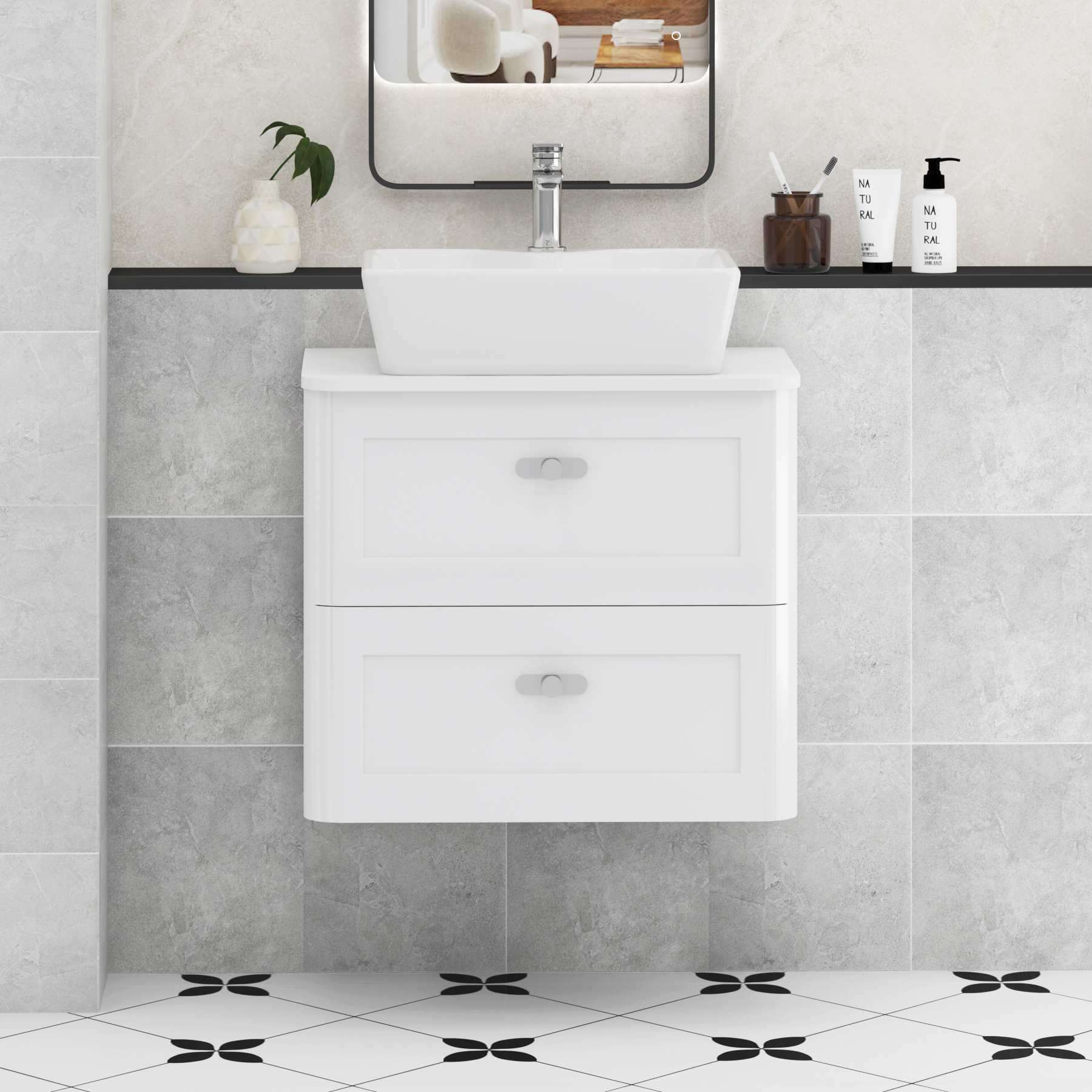 Henley Gloss White Wall Hung Vanity Unit 2 Drawer with Plain White Worktop & Various Basins & Knobs