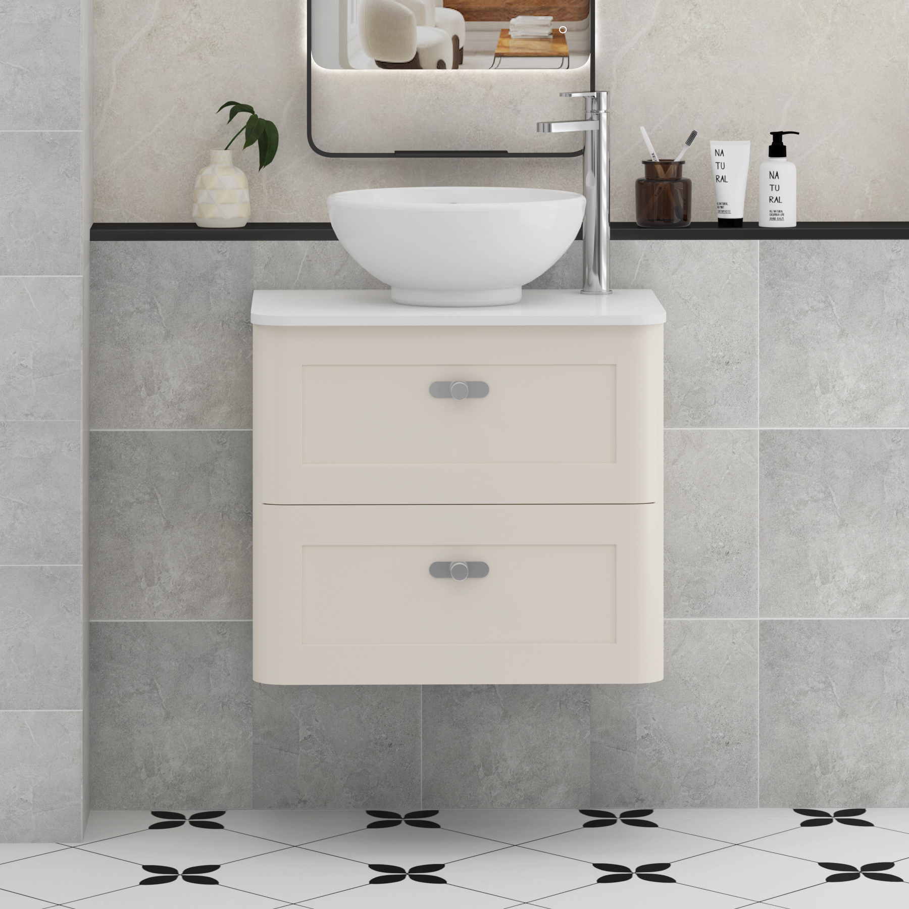 Henley Mushroom Cashmere Wall Hung Vanity Unit 2 Drawer with Plain White Worktop & Various Basins & Knobs