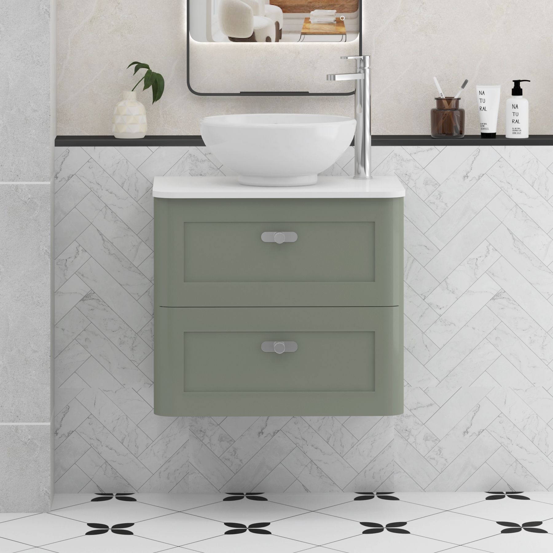 Henley Sage Green Wall Hung Vanity Unit 2 Drawer with Plain White Worktop & Various Basins & Knobs