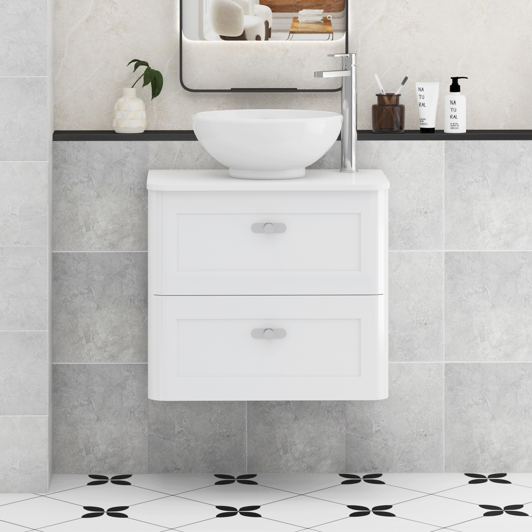 Henley Gloss White Wall Hung Vanity Unit 2 Drawer with Plain White Worktop & Various Basins & Knobs