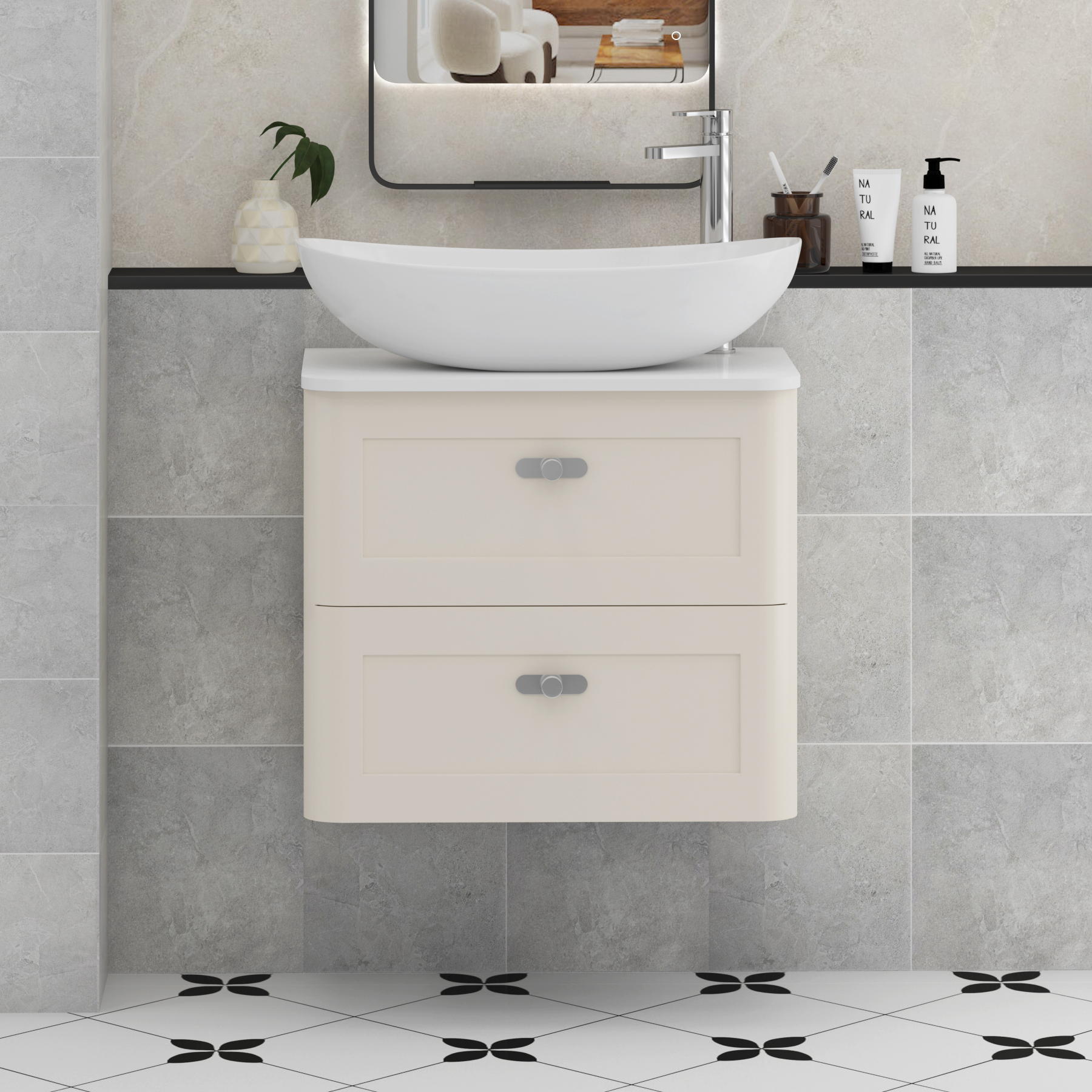 Henley Mushroom Cashmere Wall Hung Vanity Unit 2 Drawer with Plain White Worktop & Various Basins & Knobs