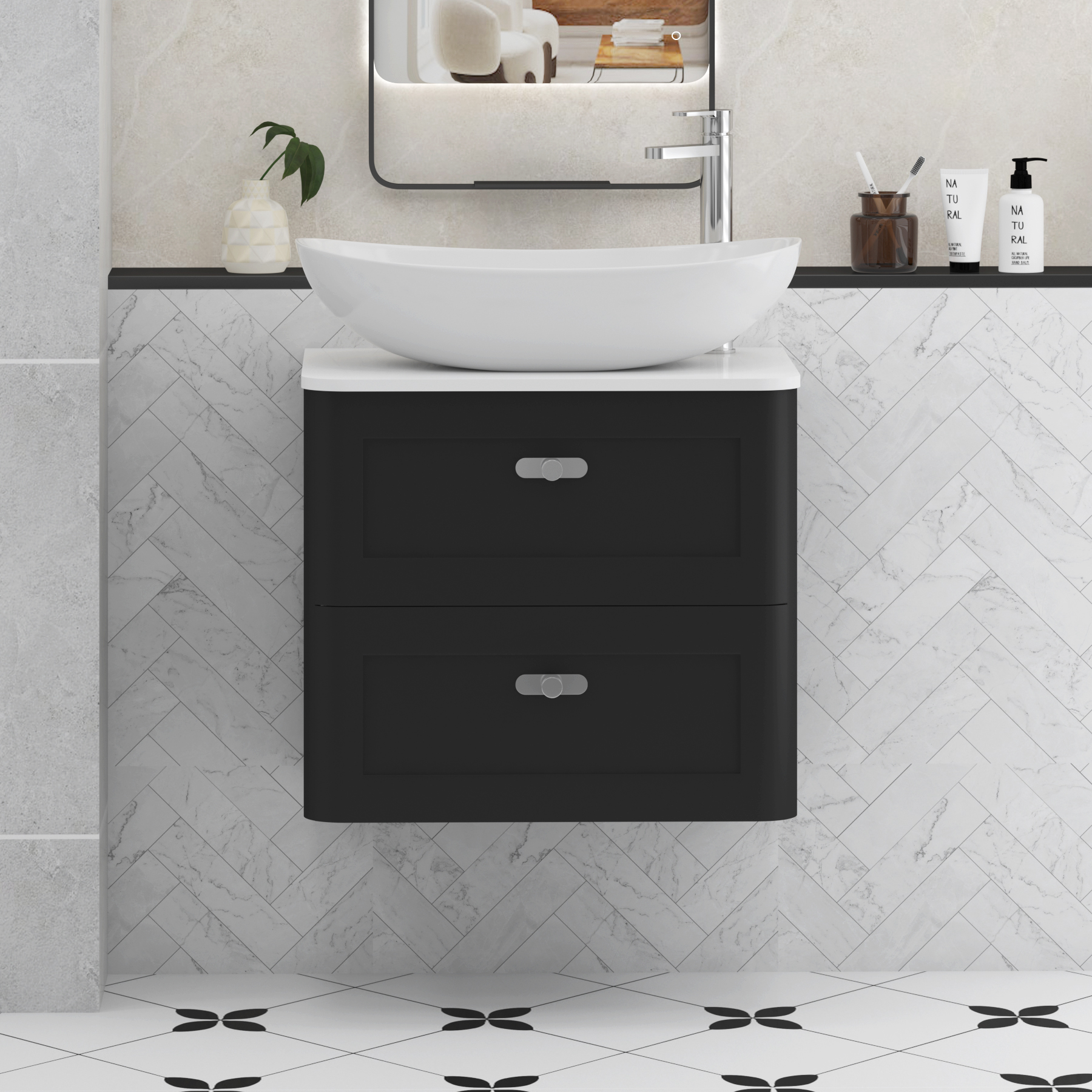 Henley Matt Nocturne Black Wall Hung Vanity Unit 2 Drawer with Plain White Worktop & Various Basins & Knobs